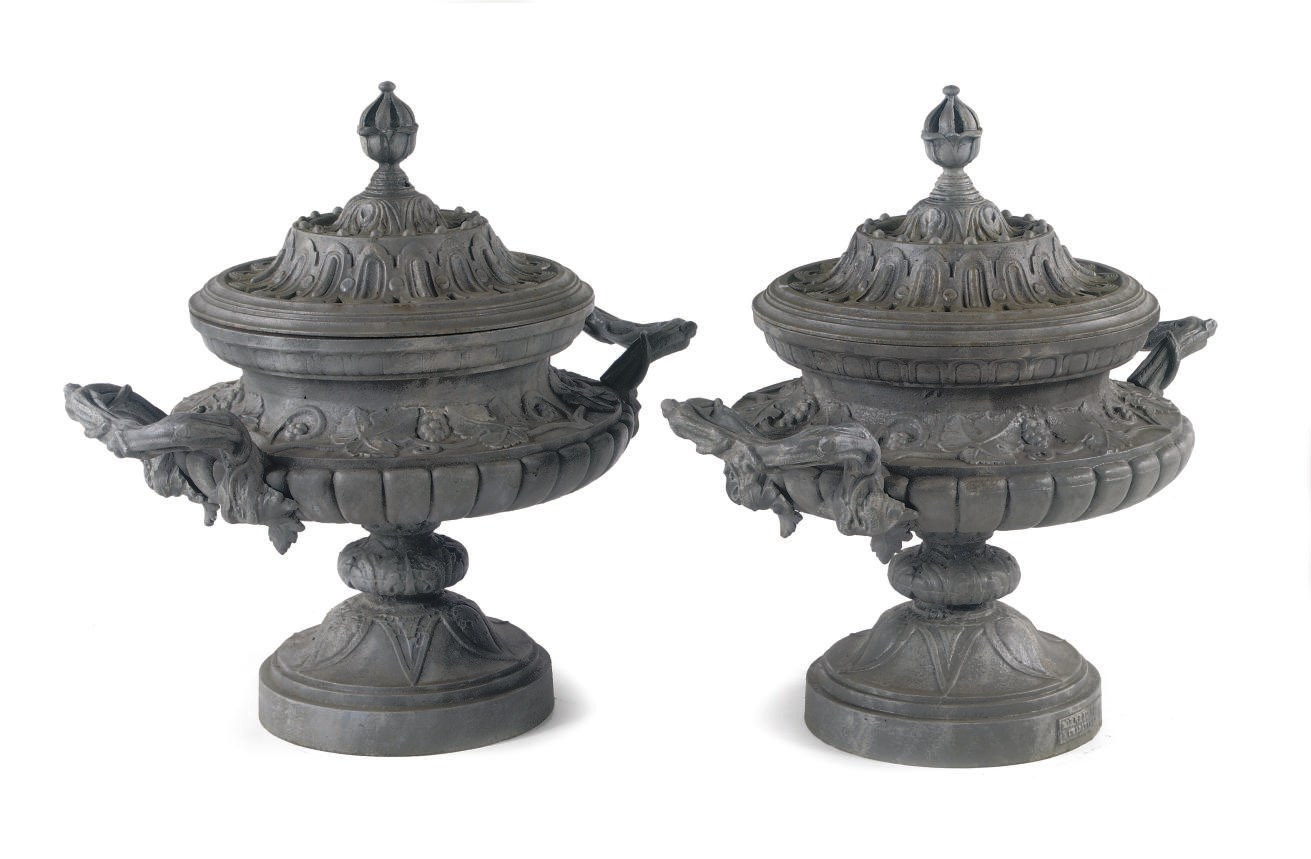 A PAIR OF FRENCH GREY-PAINTED CAST-IRON GARDEN VASES