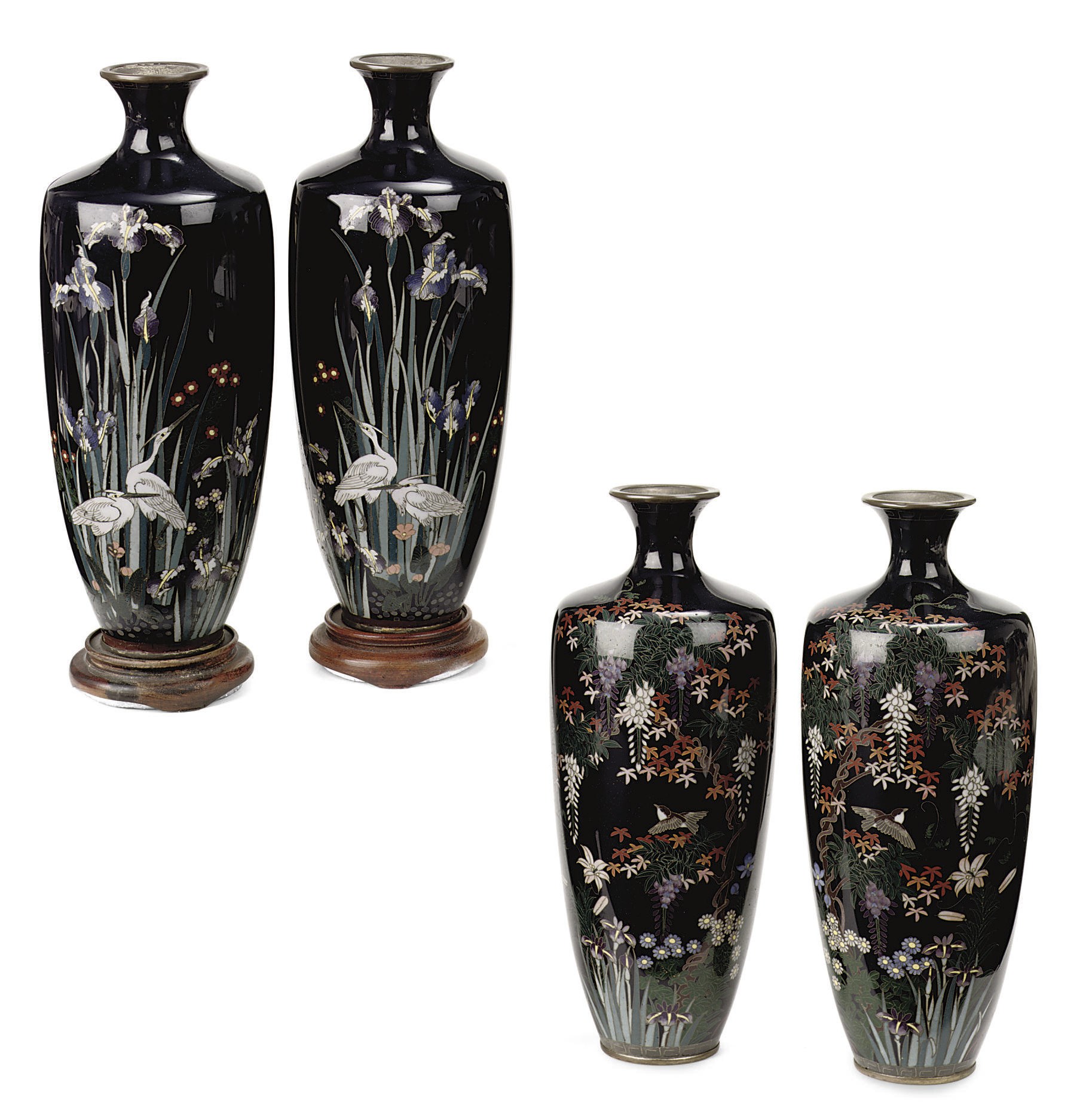 Two pairs of Japanese cloisonne vases