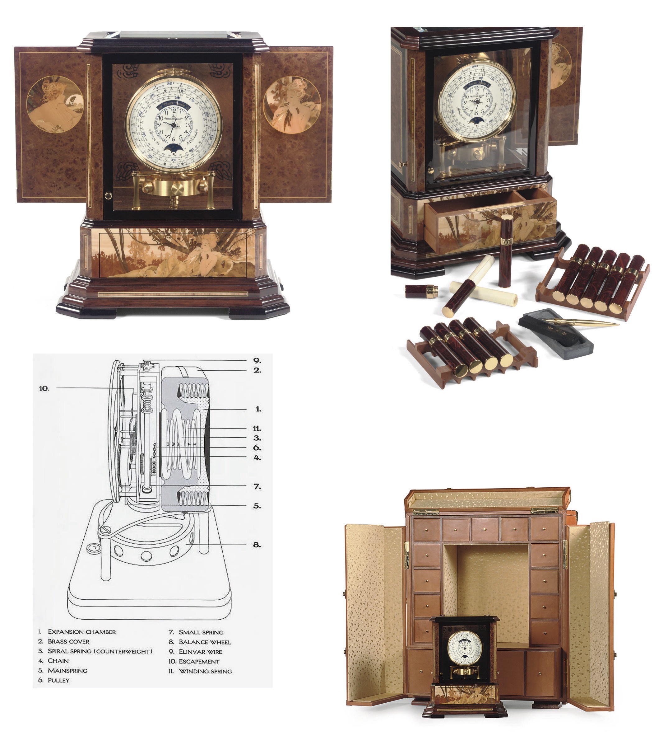A SWISS LIMITED EDITION WALNUT, BURR-WALNUT AND FRUITWOOD MARQUETRY ATMOS CLOCK WITH 1000 YEAR CALENDAR AND LUNAR PHASES