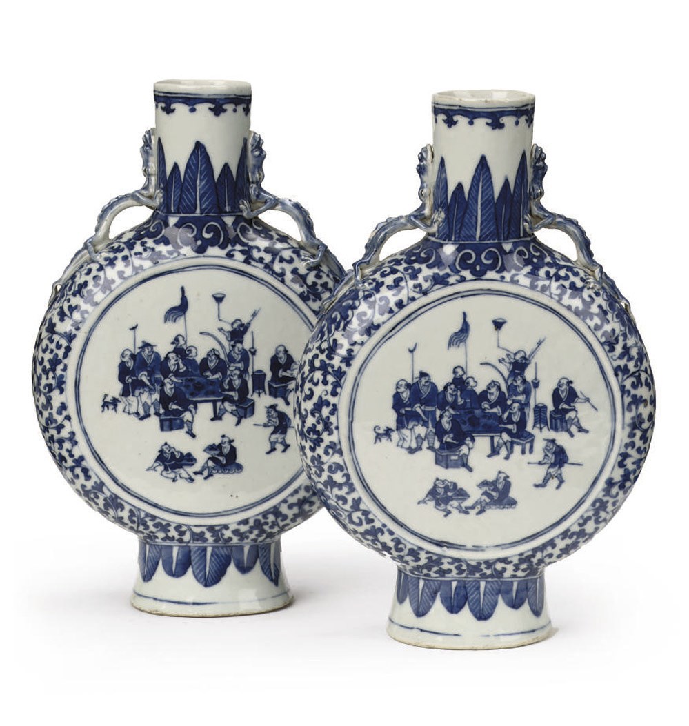 A pair of Chinese blue and white moon flasks