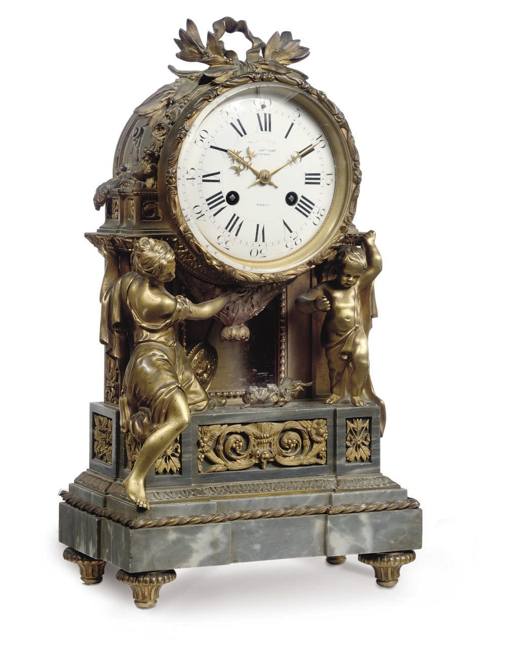 A NAPELEON III ORMOLU AND GREY-MARBLE FIGURAL STRIKING MANTELCLOCK