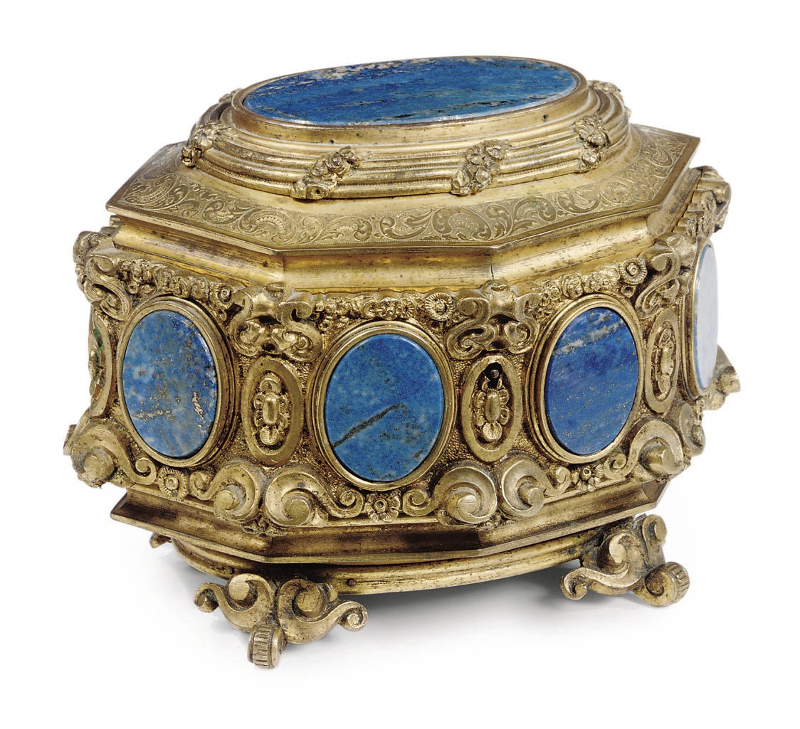 AN ORMOLU LAPIS LAZULI INSET CASKET