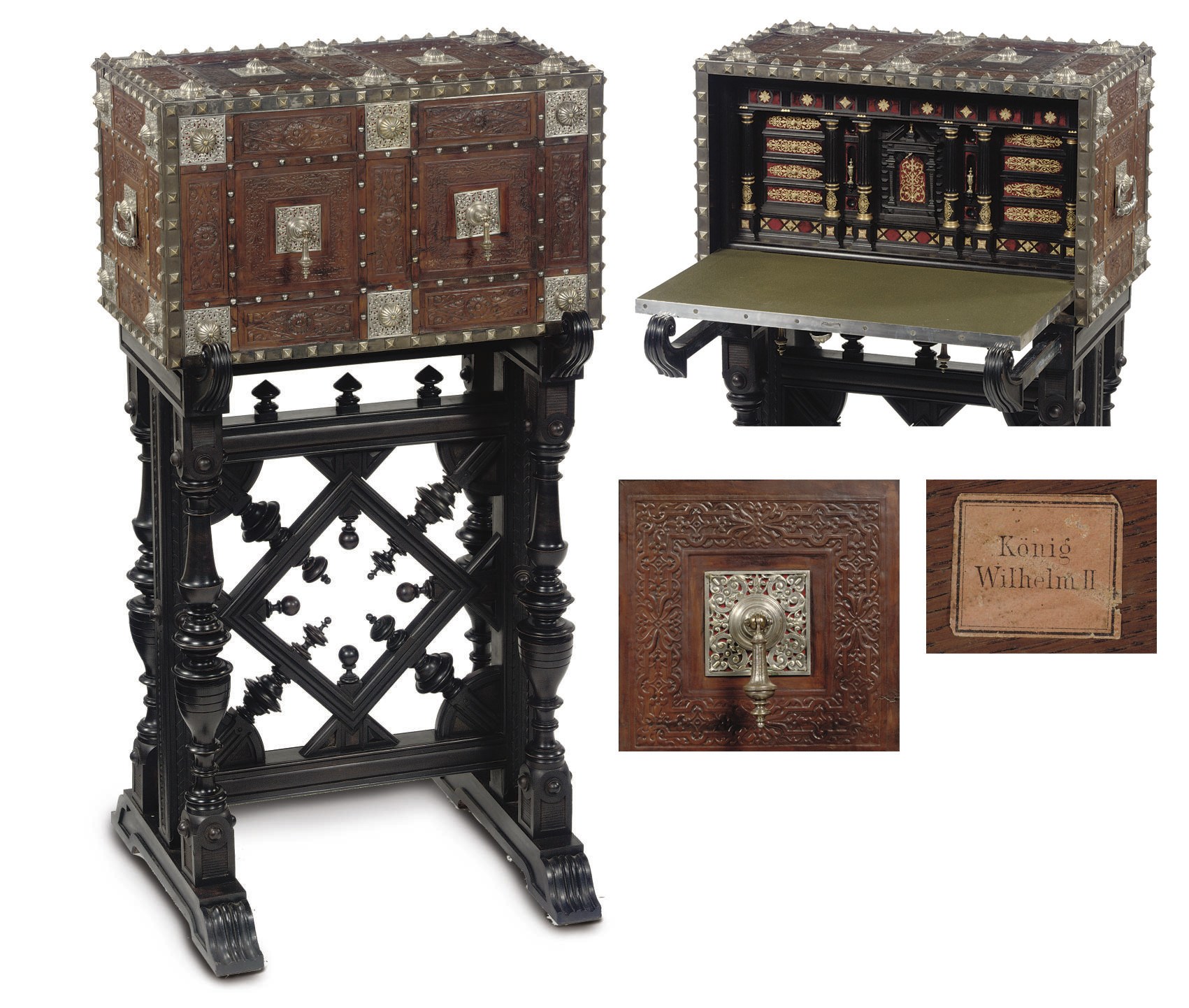 A GERMAN SILVERED AND GILT-BRONZE MOUNTED, EBONY, EBONIZED AND EMBOSSED LEATHER CABINET ON STAND