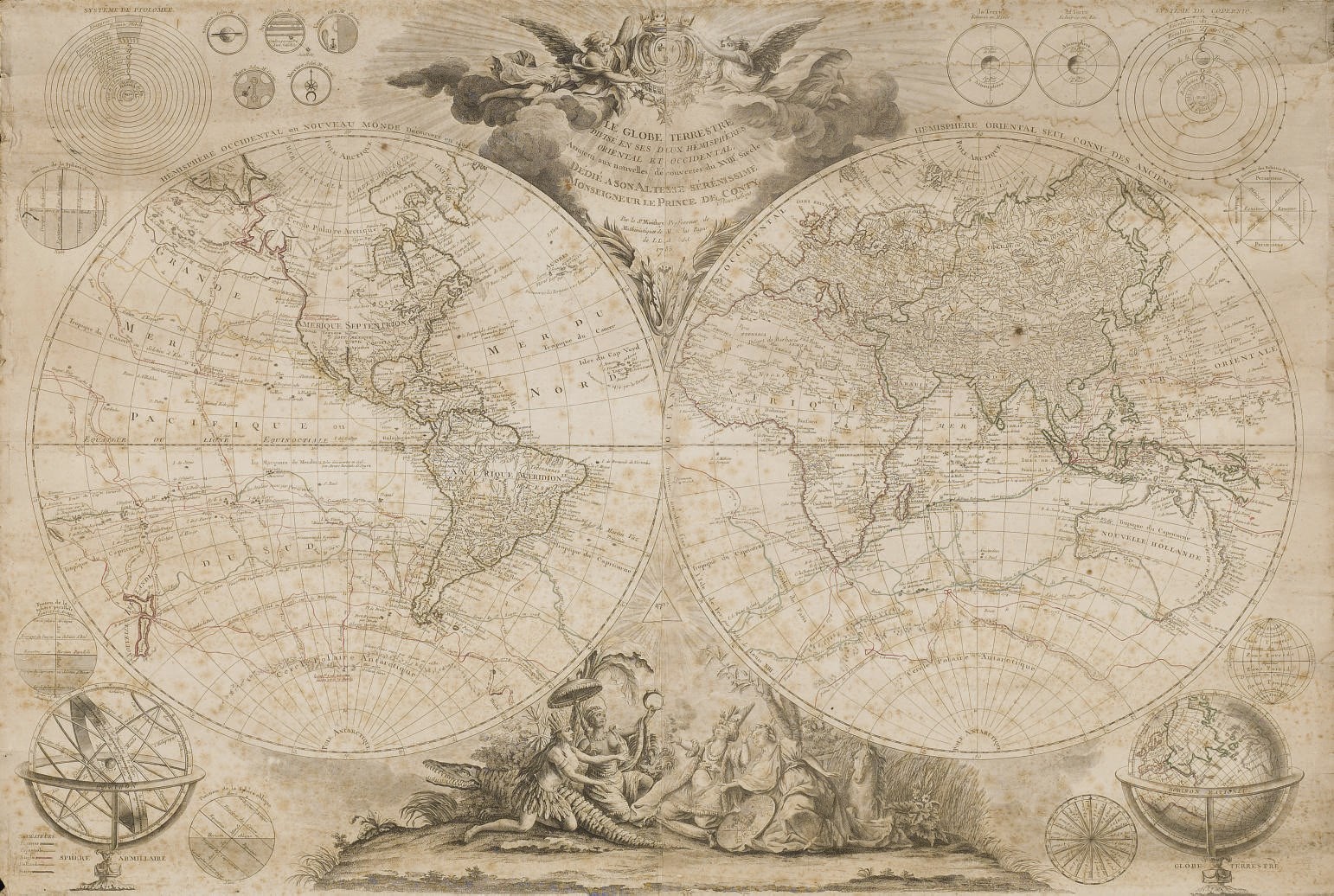 [CARTOGRAPHIE] -- MOITHEY, Maurielle Anthoine. Le Globe terrestre divisé en ses deux hémispheres. Paris: 1785. Mappemonde imprimée sur deux feuilles et anciennement montée sur toile (700 x 1055 mm) pour l'usage scolaire au XIXe siècle. Coloriée au trait et très animée, elle présente le système du monde de Ptolémée, des sphères armillaires, le globe terrestre ainsi que le système de Copernic. (Rousseurs, frottée, jaunie).