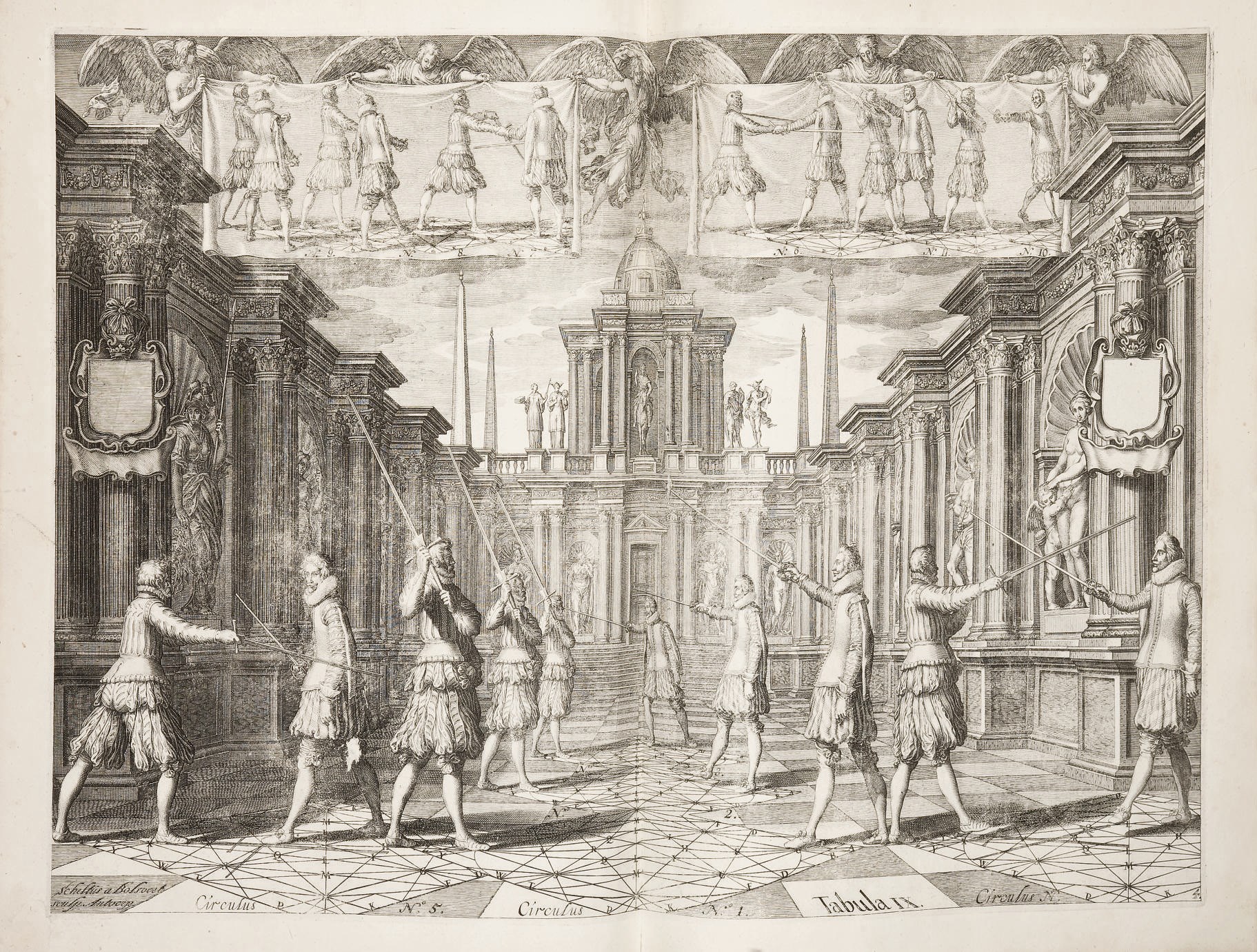 THIBAULT D'ANVERS, Girard (vers 1574-1627). Académie de l'Espée ou se demonstrent par Reigles mathematiques sur le fondement d'un Cercle mysterieux la Theorie et Pratique des vrais et iusqu'a present incognus secrets du maniement des armes a pied et a cheval. [Leyde: Elzevier], 1628.