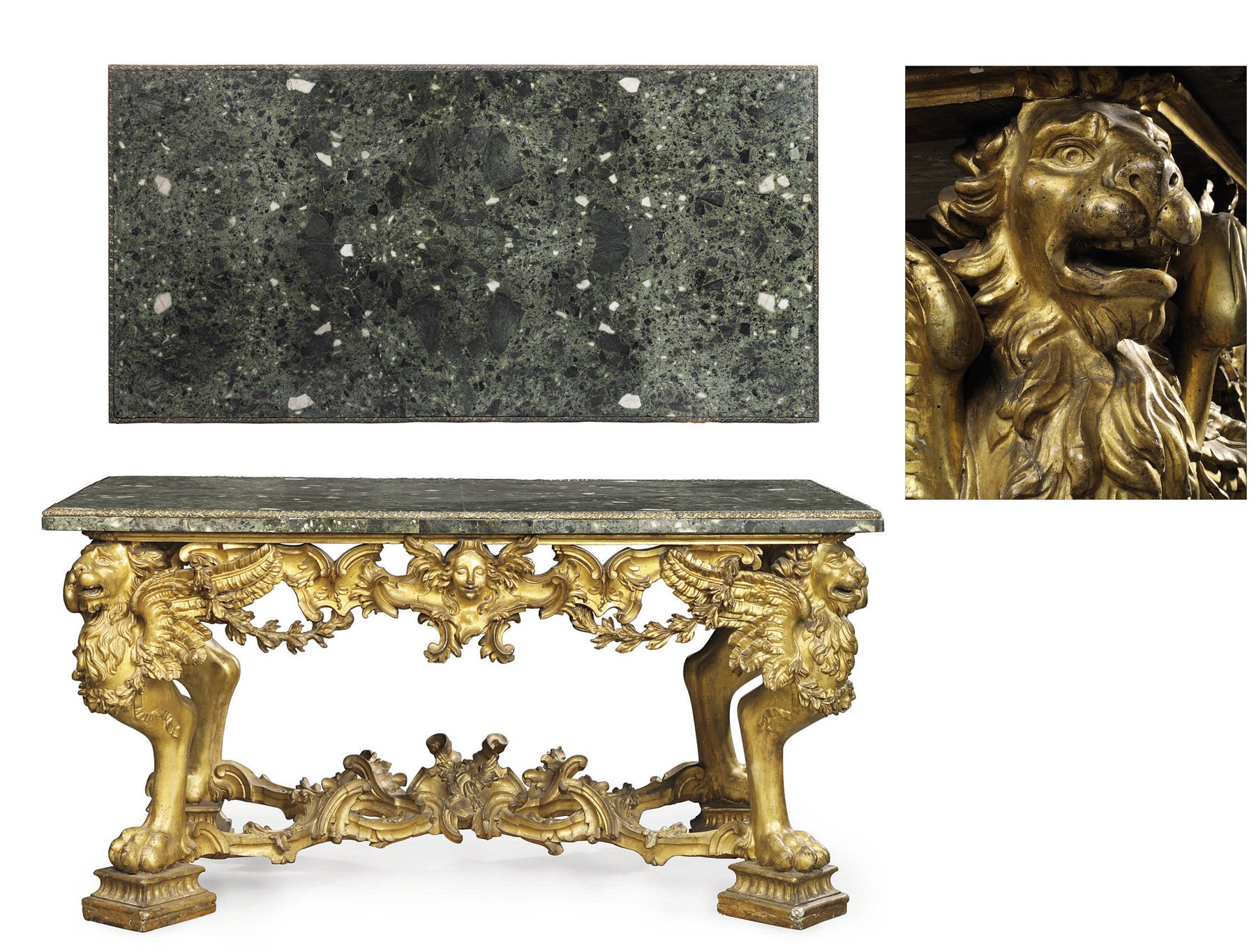 AN ITALIAN GILTWOOD AND ORMOLU-MOUNTED VERDE ANTICO MARBLE CONSOLE TABLE