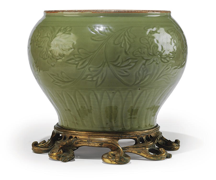 A FRENCH ORMOLU-MOUNTED CARVED CHINESE CELADON PORCELAIN JARDINIERE