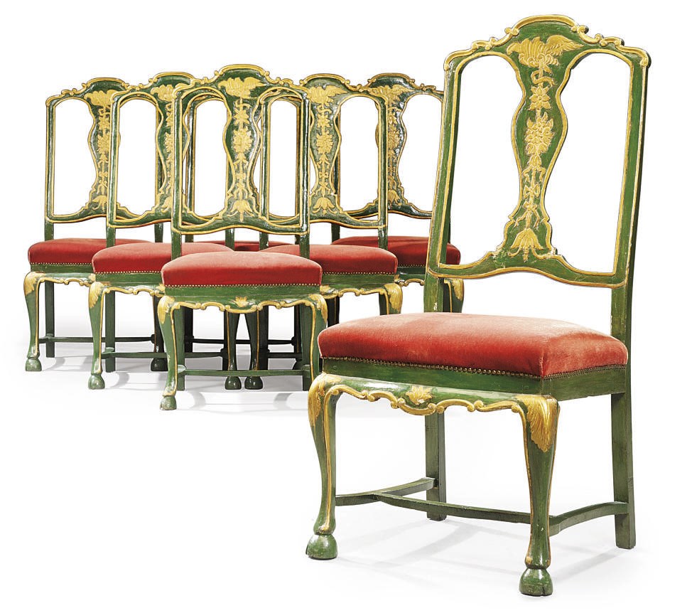 A SET OF SEVEN NORTH ITALIAN PARCEL-GILT AND GREEN-PAINTED DINING-CHAIRS