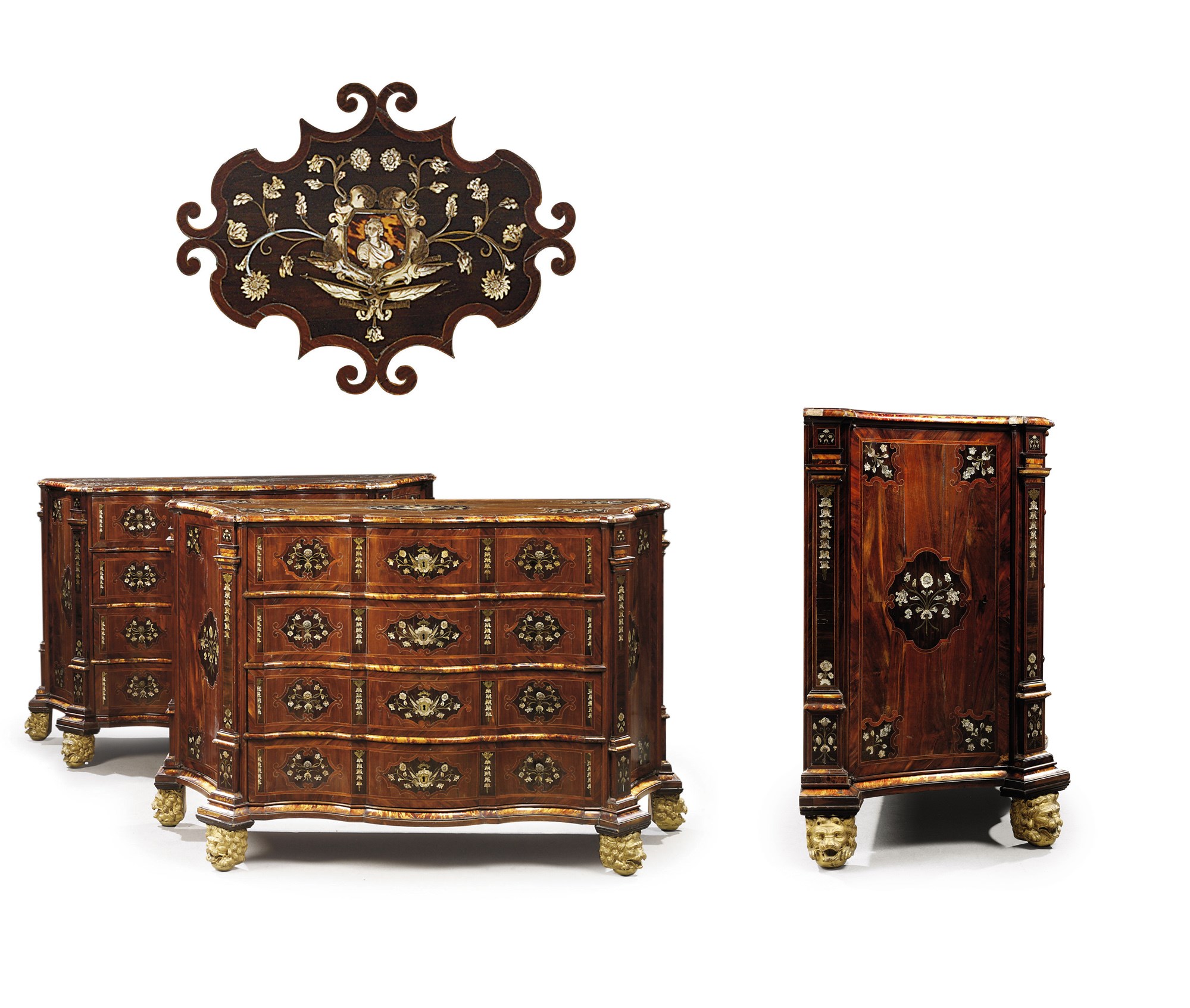 A PAIR OF SOUTH ITALIAN MOTHER-OF-PEARL, TORTOISESHELL- AND BRASS-INLAID WALNUT, AMARANTH AND EBONY MARQUETRY COMMODES
