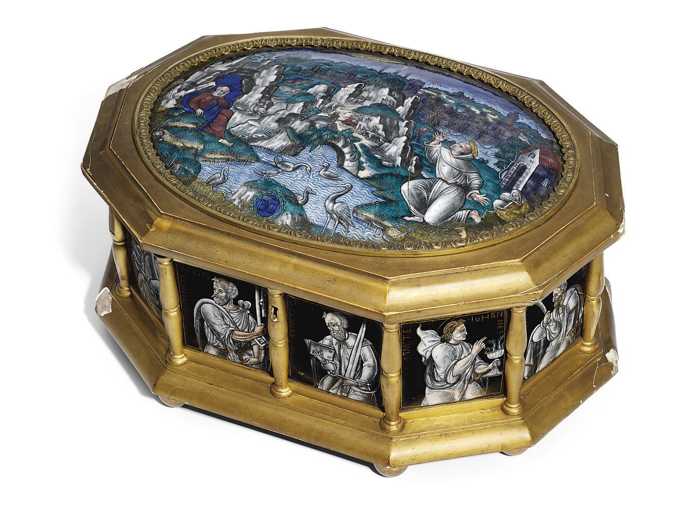 AN OCTAGONAL GILTWOOD AND ENAMEL-MOUNTED CASKET