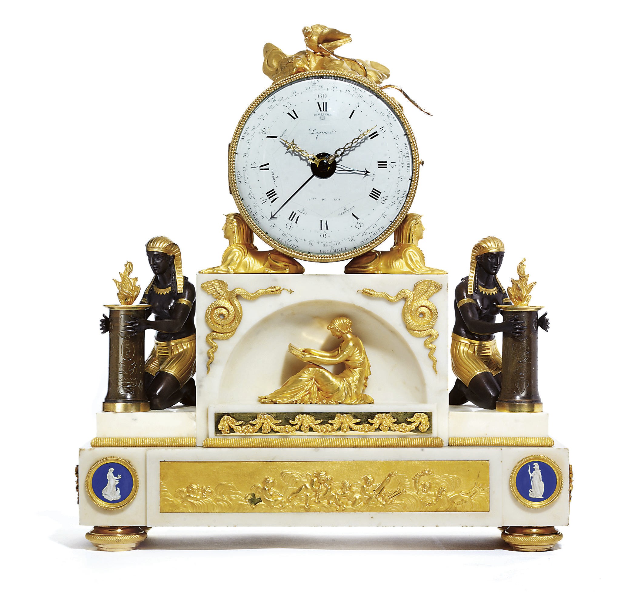 A LOUIS XVI LARGE ORMOLU, PATINATED BRONZE AND WHITE MARBLE STRIKING MANTEL CLOCK