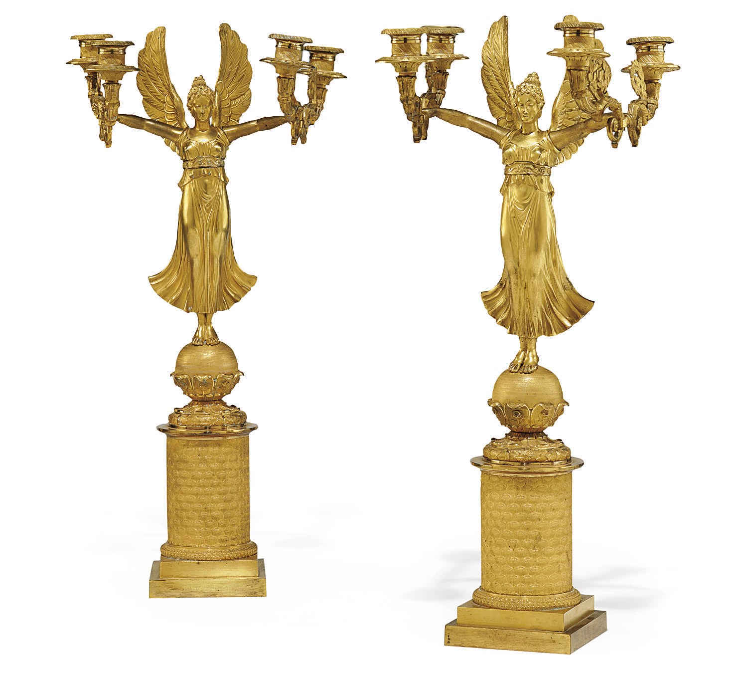 A PAIR OF EMPIRE ORMOLU FOUR-LIGHT CANDELABRA