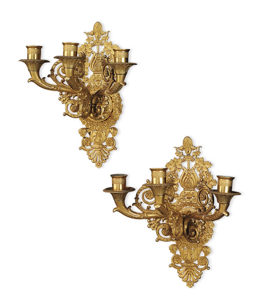 A PAIR OF EMPIRE ORMOLU THREE-BRANCH WALL-LIGHTS