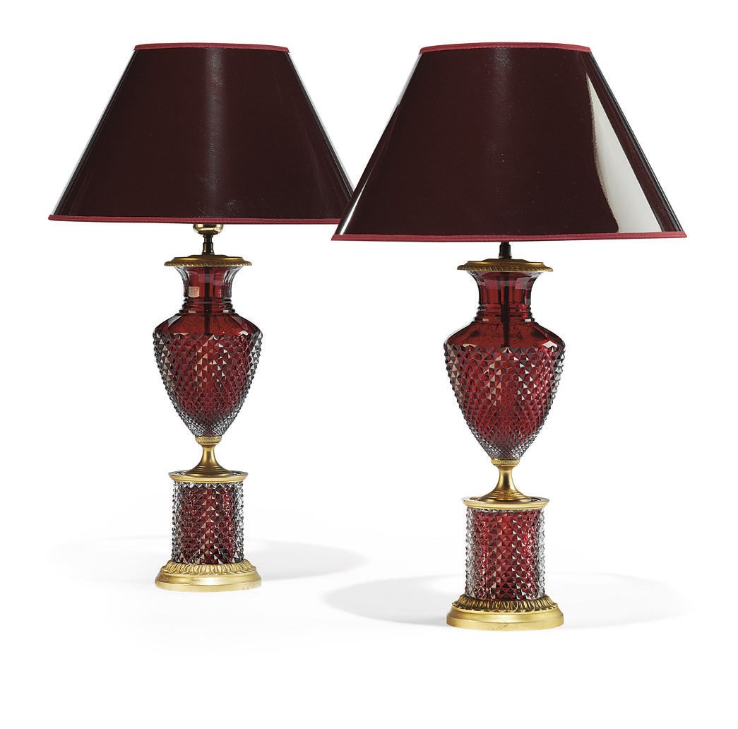 A PAIR OF RUSSIAN ORMOLU-MOUNTED RUBY-COLOURED CUT-GLASS VASES