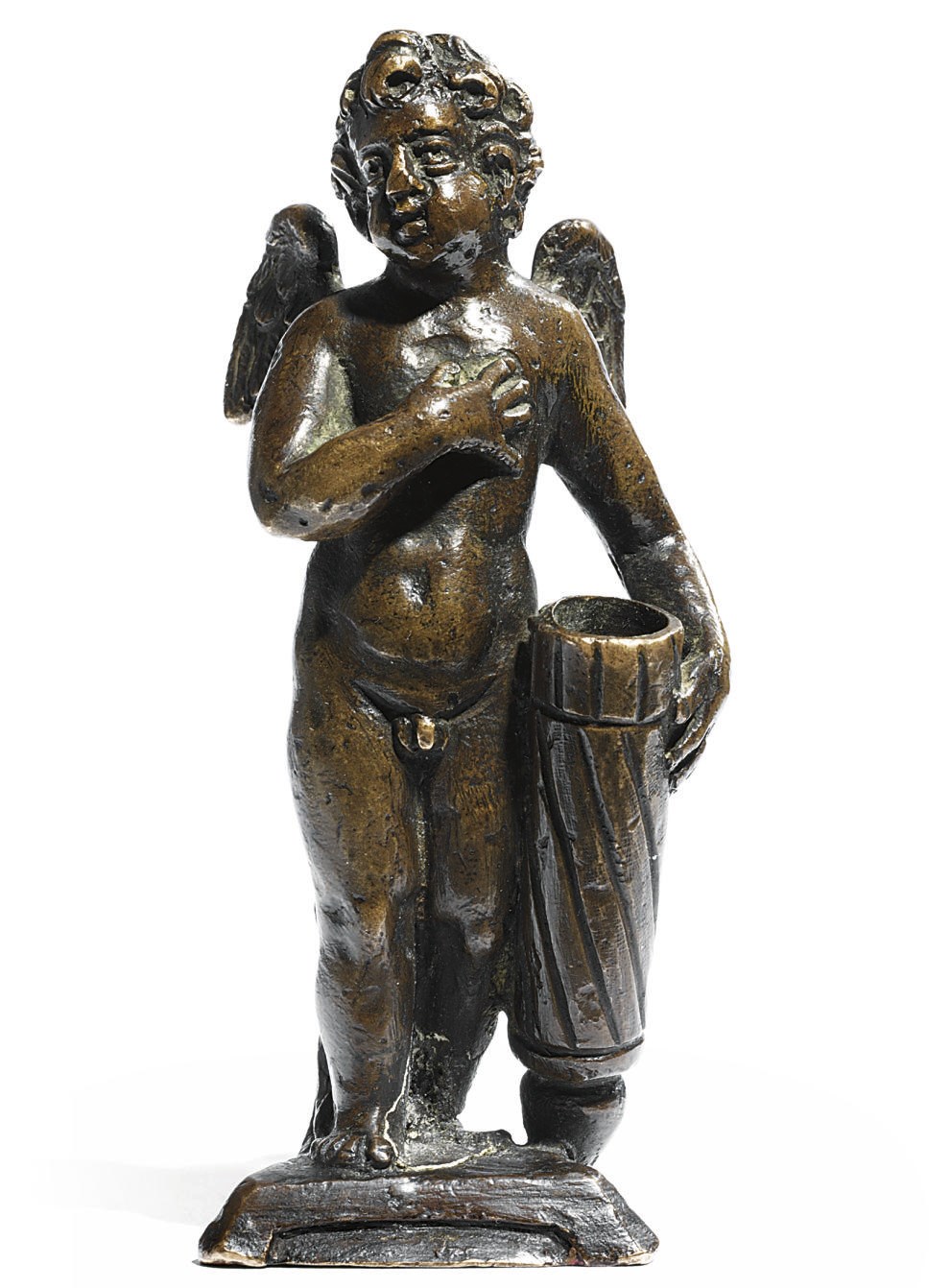 A BRONZE QUILL-HOLDER IN THE FORM OF CUPID