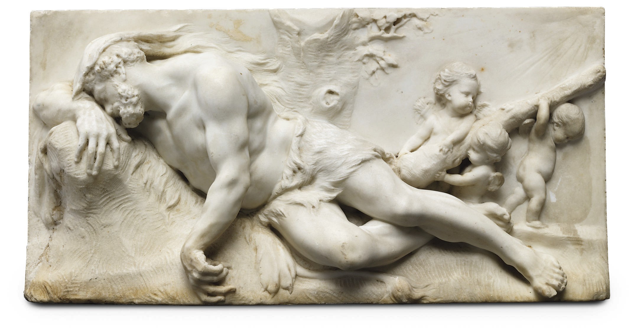 A RECTANGULAR CARVED MARBLE RELIEF OF HERCULES