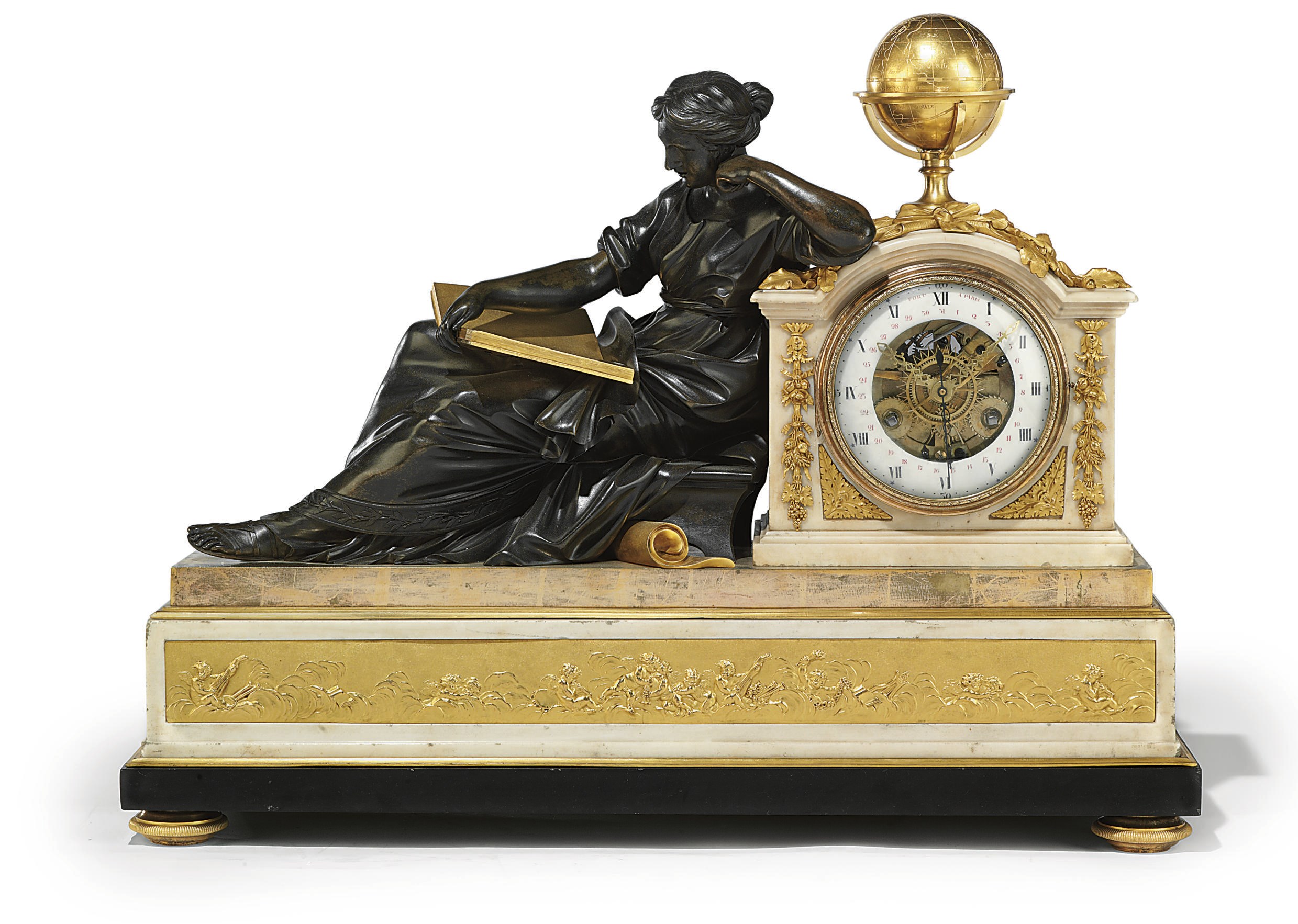 A LOUIS XVI LARGE ORMOLU, PATINATED BRONZE, BLACK AND WHITE MARBLE STRIKING EIGHT DAY FIGURAL MANTEL CLOCK (PENDULE A LA GEOFFRIN)