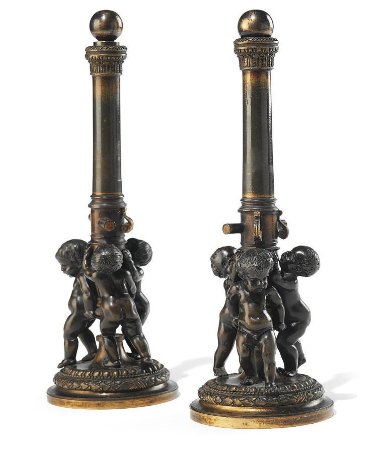A PAIR OF FRENCH ORMOLU AND PATINATED BRONZE CANDLESTICKS