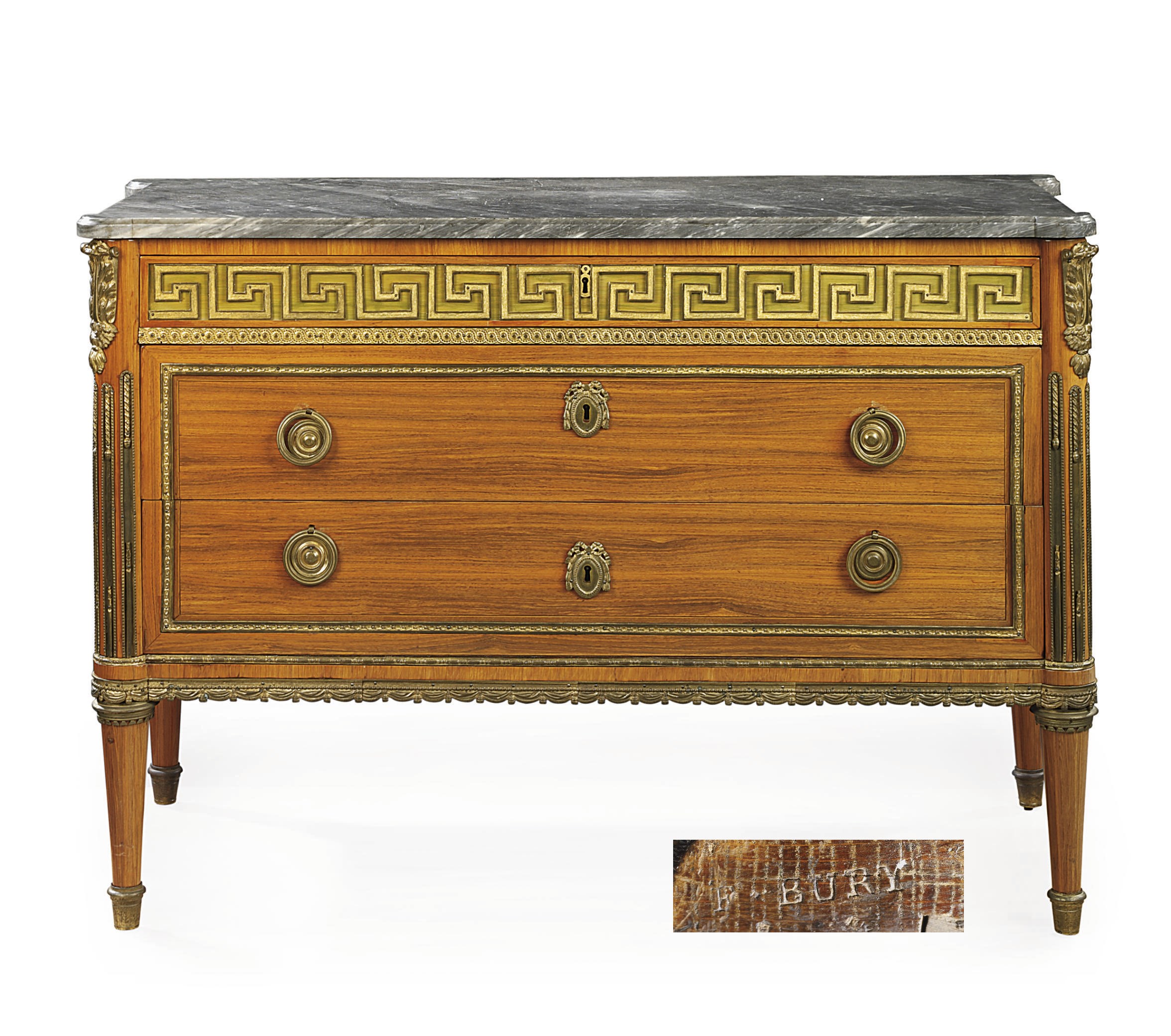 A LOUIS XVI ORMOLU-MOUNTED AND LINE-INLAID TULIPWOOD COMMODE