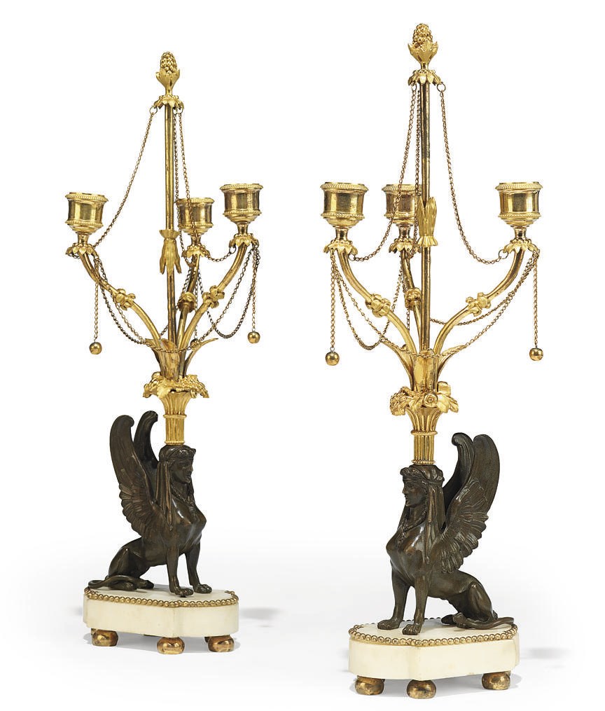 A PAIR OF SWEDISH ORMOLU, PATINATED BRONZE AND WHITE MARBLE THREE-BRANCH CANDELABRA