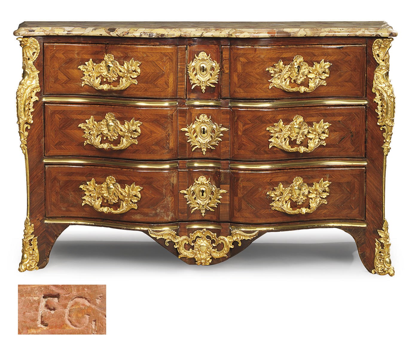 A REGENCE ORMOLU-MOUNTED AND BRASS-INLAID KINGWOOD COMMODE
