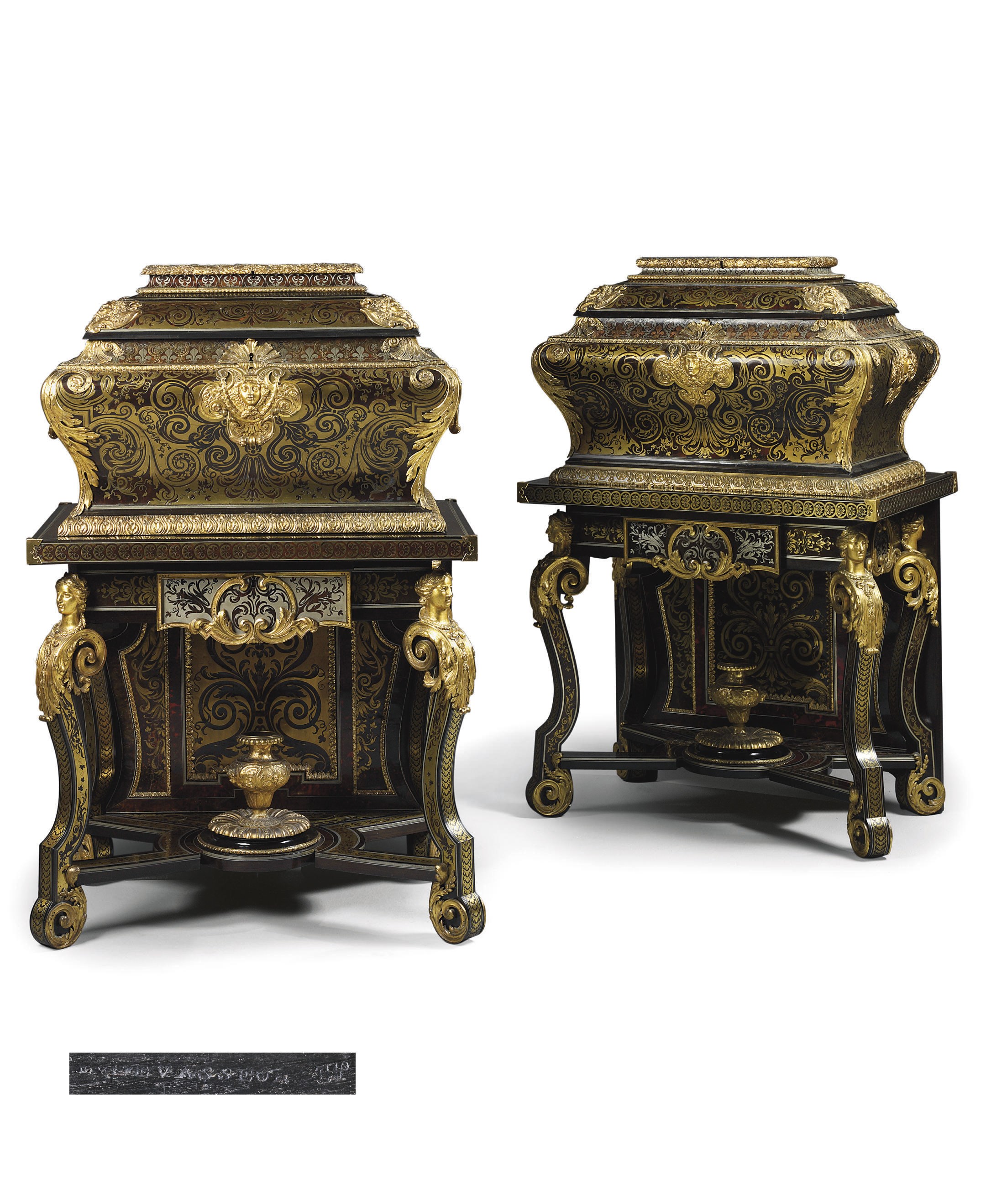 A PAIR OF LOUIS XIV ORMOLU-MOUNTED BOULLE MARQUETRY COFFRES EN TOMBEAU (COFFERS-ON-STANDS)