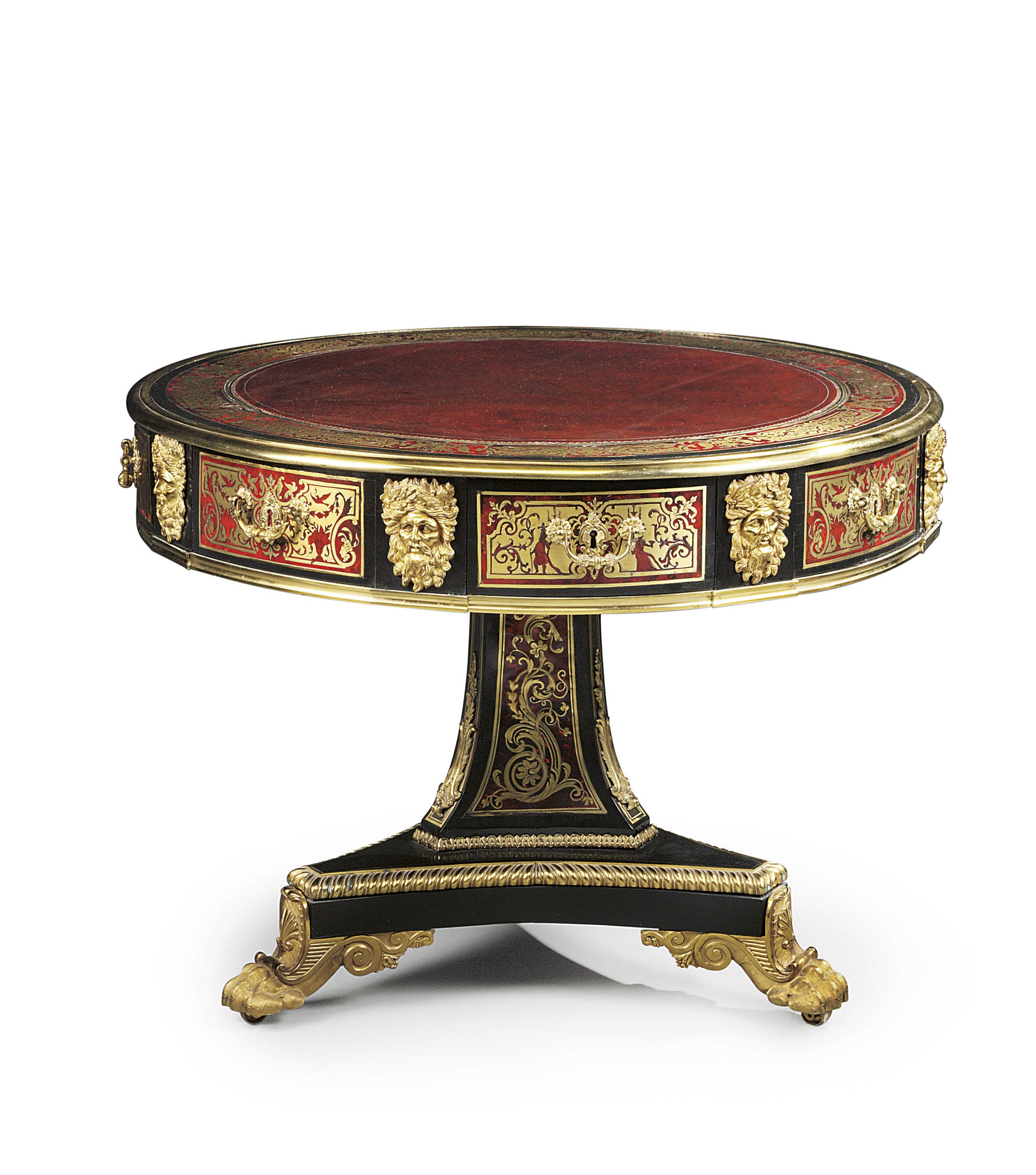 A REGENCY ORMOLU-MOUNTED BRASS-INLAID EBONY AND TORTOISESHELL DRUM TABLE