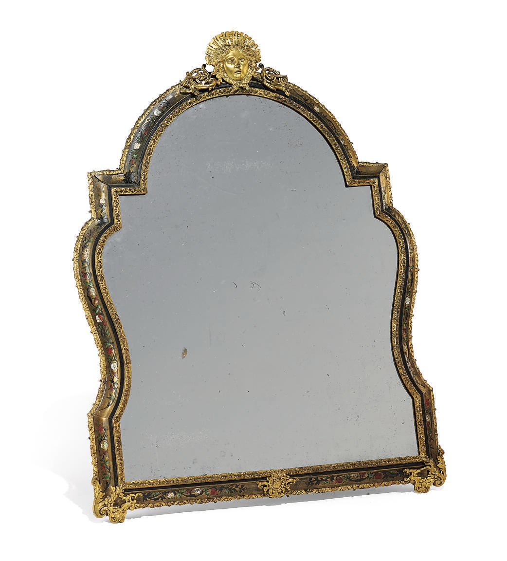 A REGENCE ORMOLU-MOUNTED, TORTOISESHELL, MOTHER-OF-PEARL AND STAINED HORN-INLAID, BOULLE MARQUETRY TABLE MIRROR