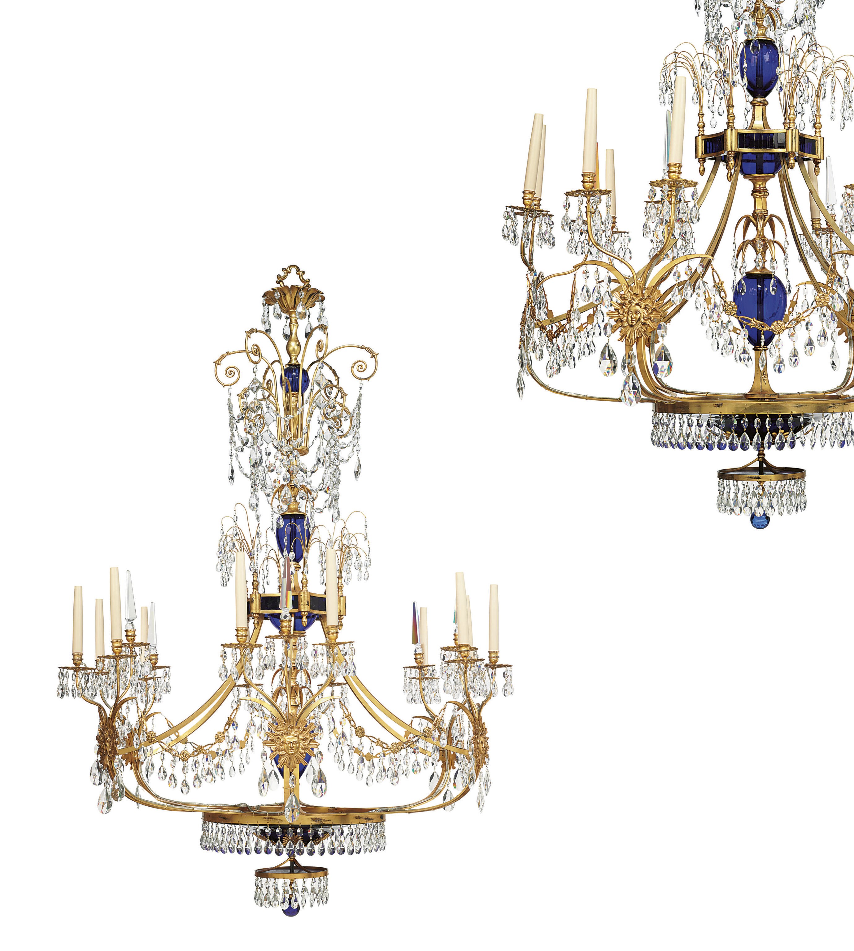 A PAIR OF BALTIC ORMOLU, GILT-METAL, CRYSTAL, CLEAR AND BLUE-GLASS EIGHTEEN-LIGHT CHANDELIERS
