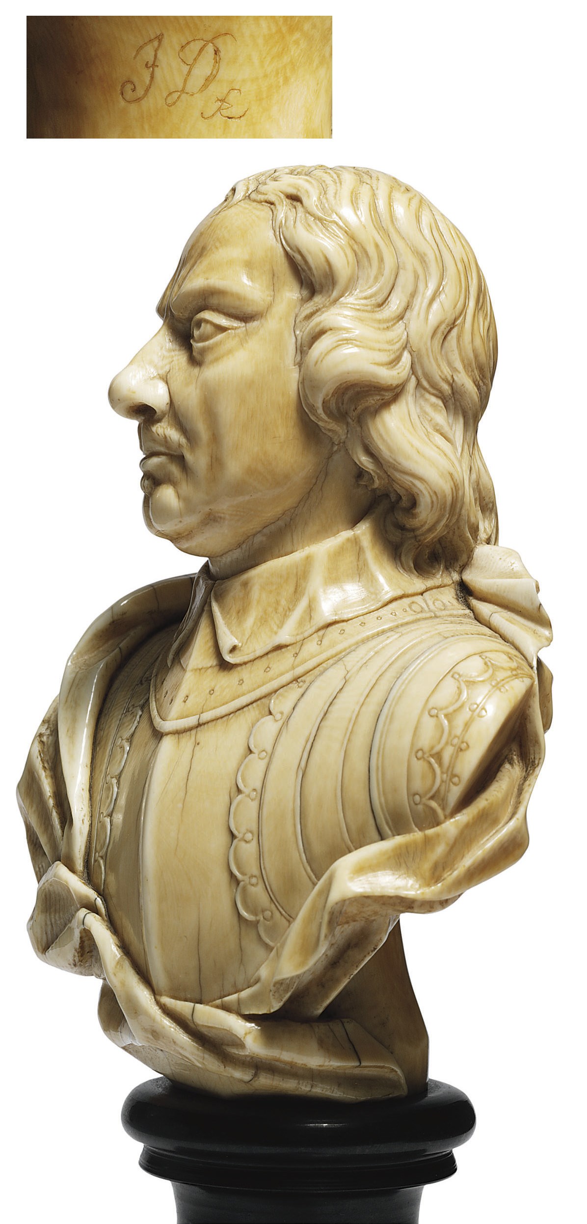 A CARVED IVORY BUST OF OLIVER CROMWELL