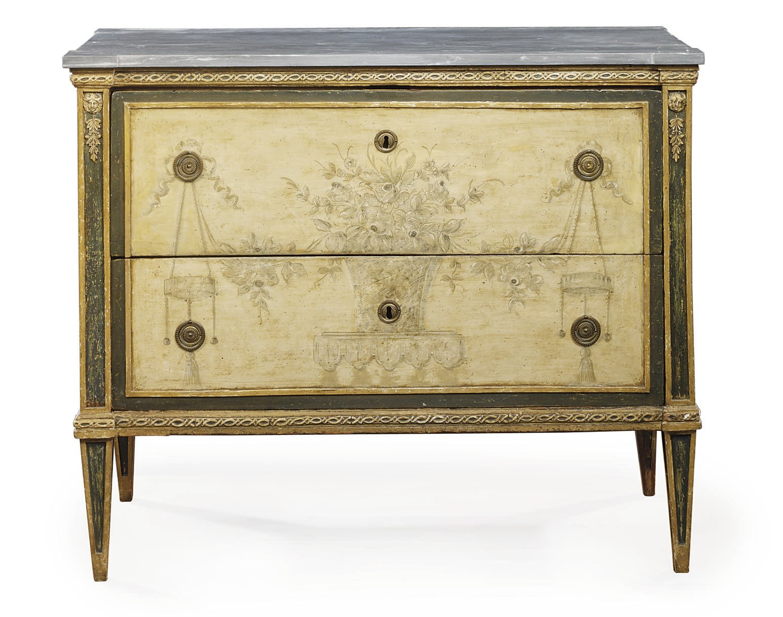 A NORTH ITALIAN PARCEL-GILT, CREAM, GREEN AND GRISAILLE-PAINTED COMMODE