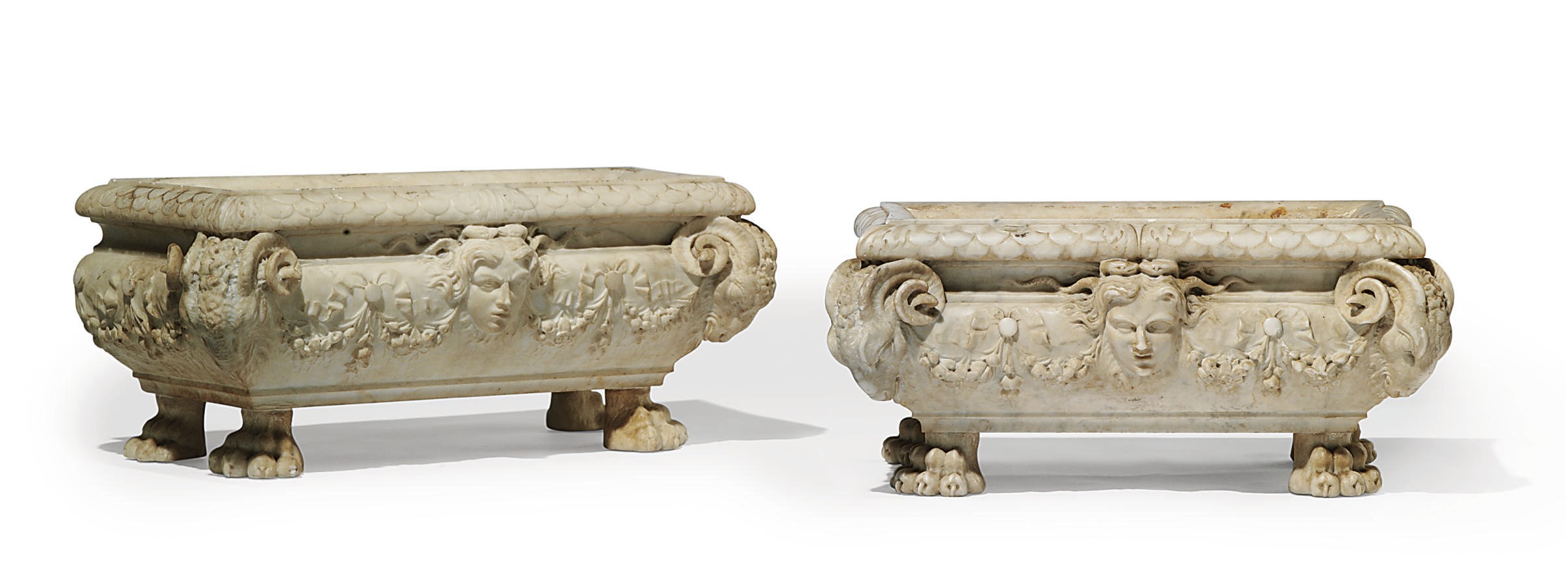 A NEAR PAIR OF ITALIAN WHITE MARBLE JARDINIERES