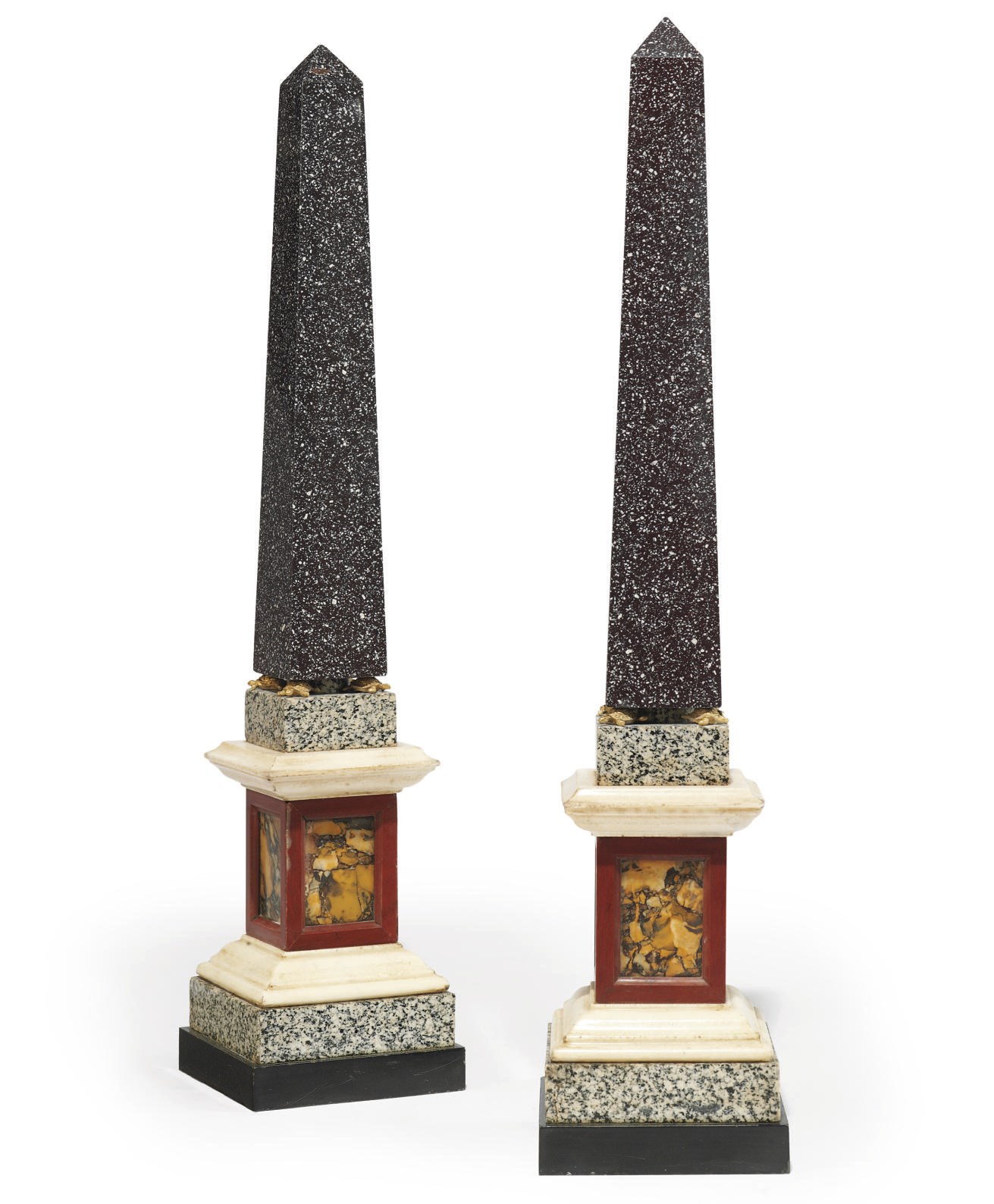 A PAIR OF ORMOLU-MOUNTED, PORPHYRY, GRANITO GRIGIO, DIASPRO NERO E GIALLO, ROSSO ANTICO AND WHITE MARBLE OBELISKS