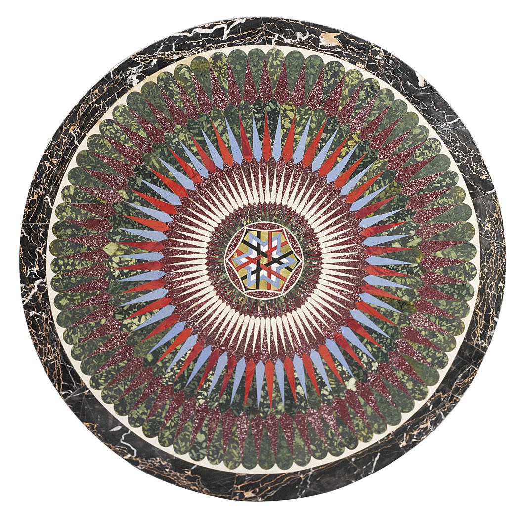 AN ITALIAN SPECIMEN MARBLE, GLASS AND PARCEL-GILT CIRCULAR TABLE TOP