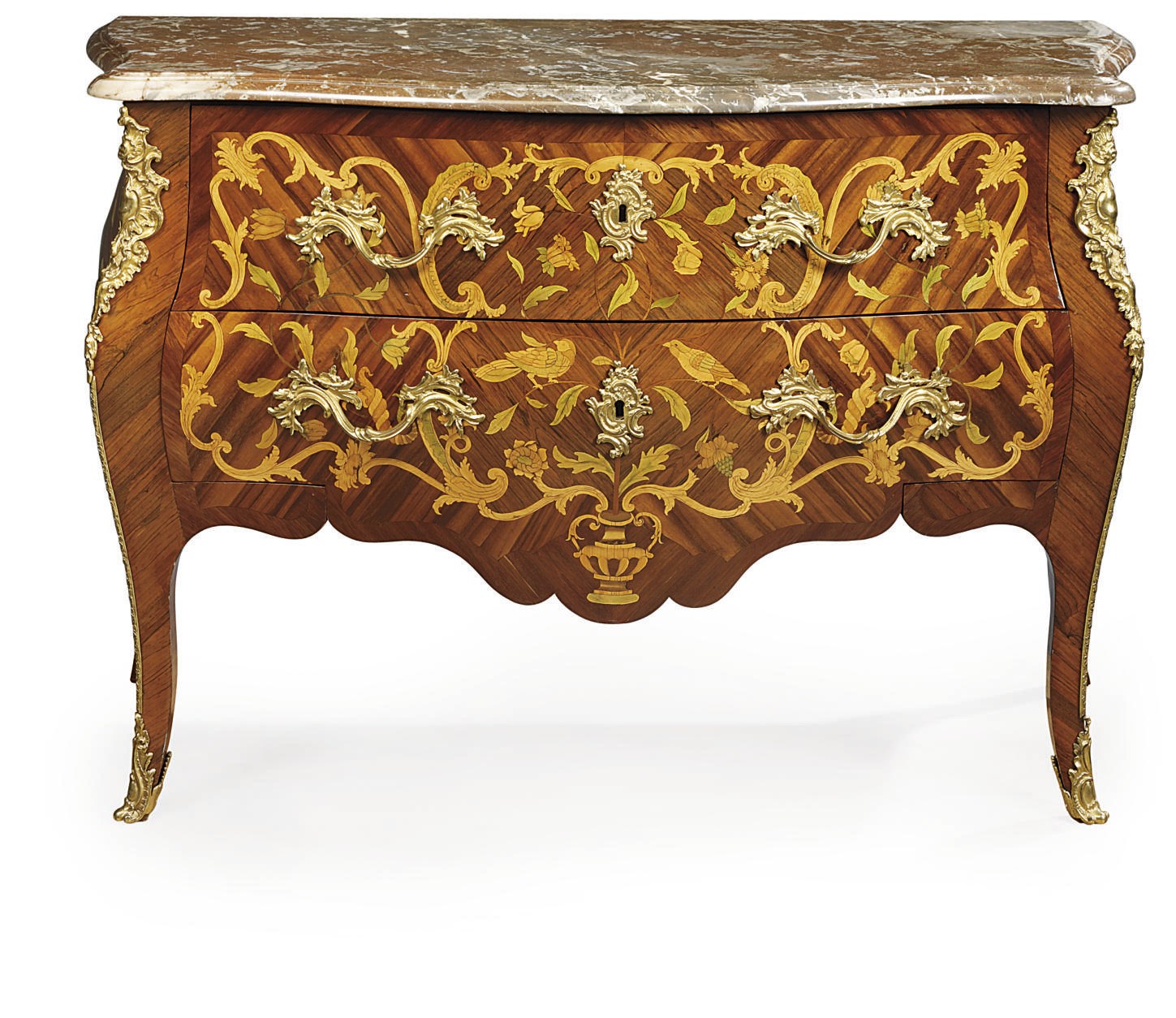 A LOUIS XV ORMOLU-MOUNTED AMARANTH, ROSEWOOD, BOIS SATINE, GONCALO ALVES AND MARQUETRY COMMODE