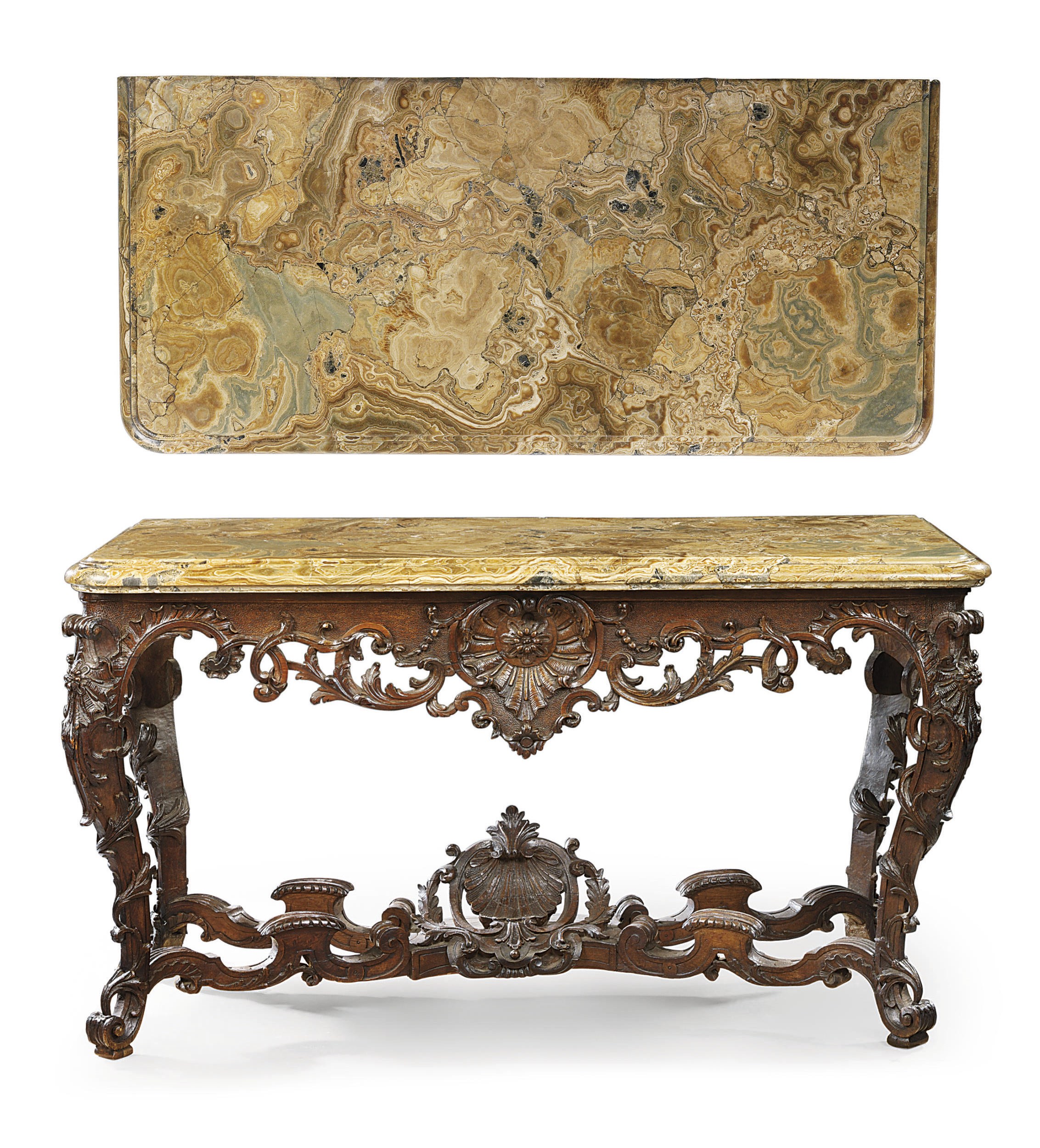 A LOUIS XV CARVED OAK AND ALABASTRO FIORITO CONSOLE TABLE