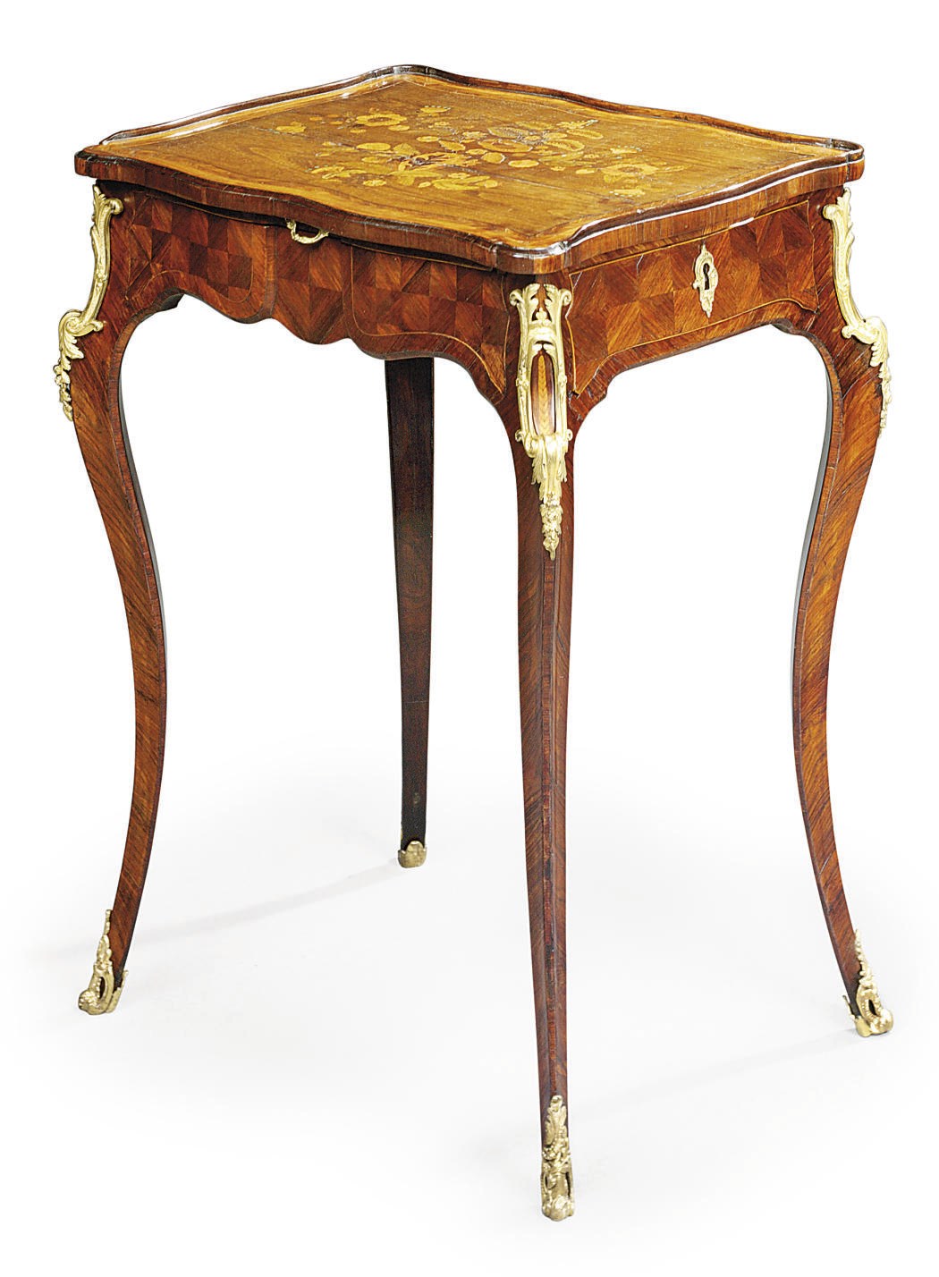 A LOUIS XV ORMOLU-MOUNTED KINGWOOD, AMARANTH AND HORN-INLAID MARQUETRY TABLE-A-ECRIRE