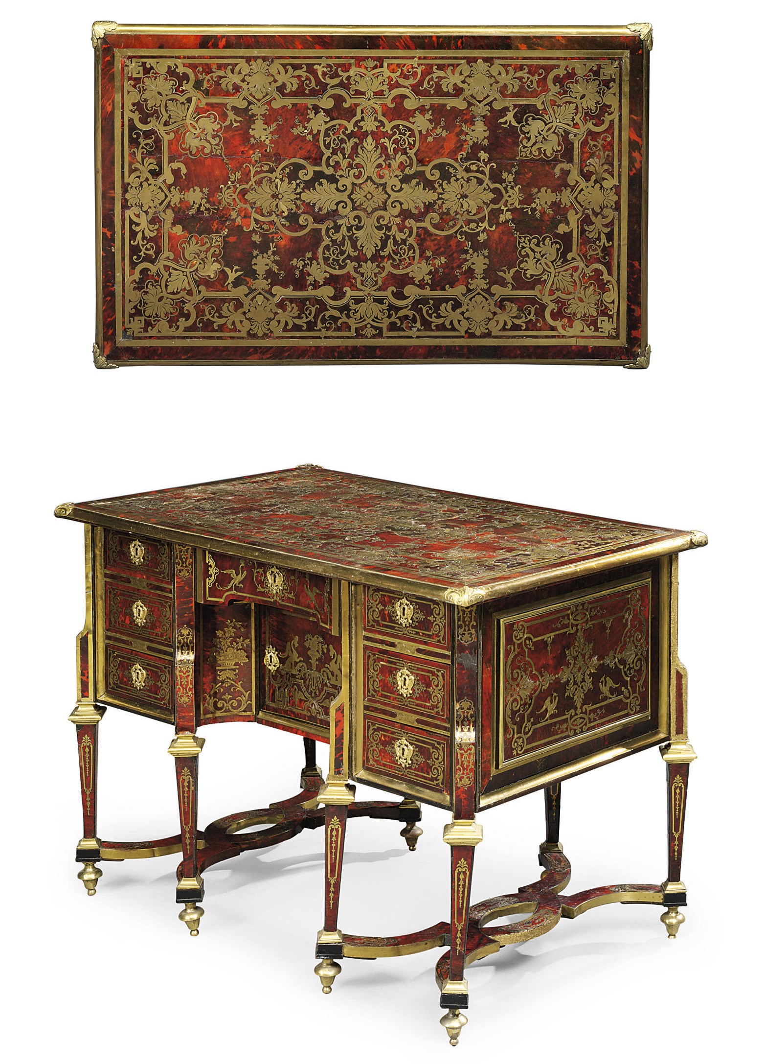 A LOUIS XIV ORMOLU-MOUNTED AND BRASS-INLAID RED TORTOISESHELL BOULLE MARQUETRY BUREAU MAZARIN