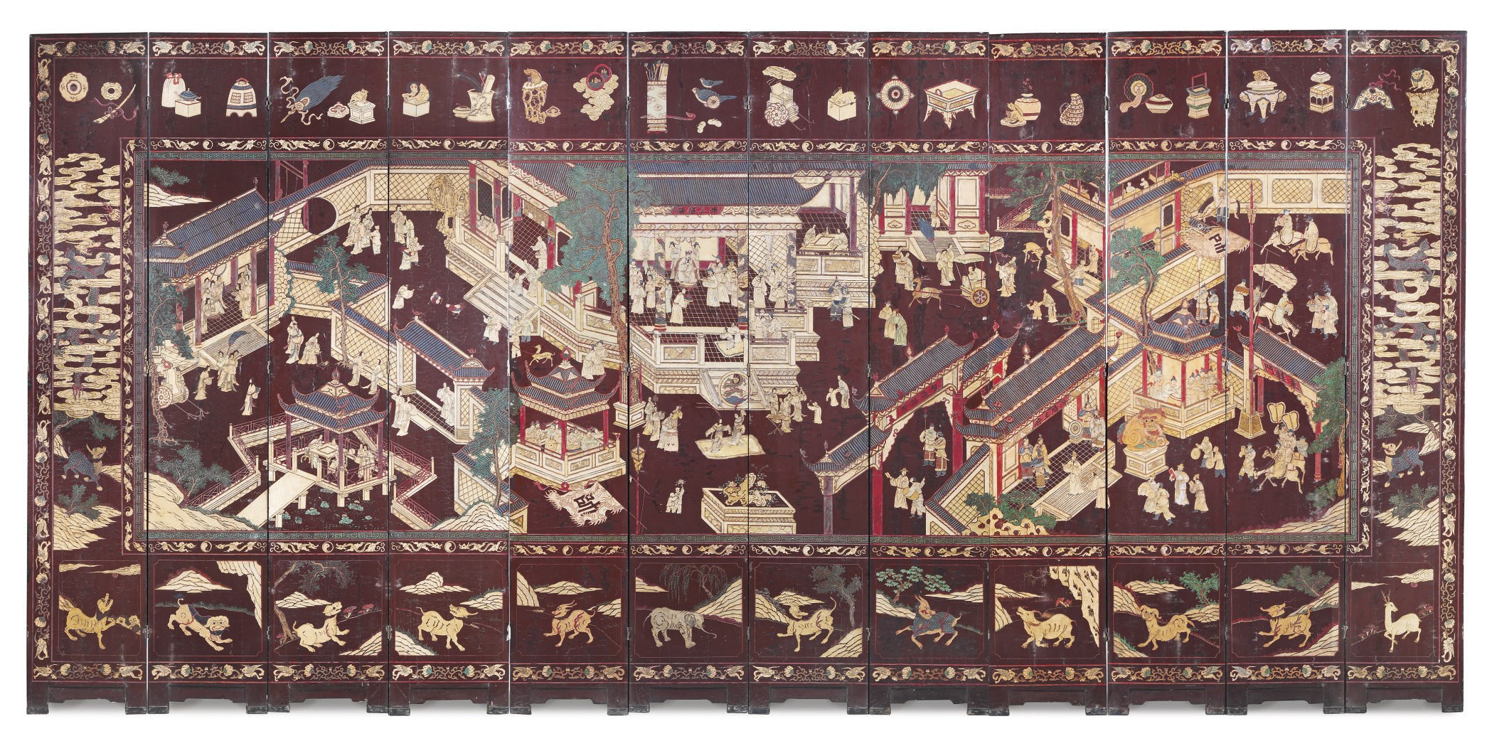 A CHINESE EXPORT TWELVE-LEAF POLYCHROME COROMANDEL LACQUER SCREEN