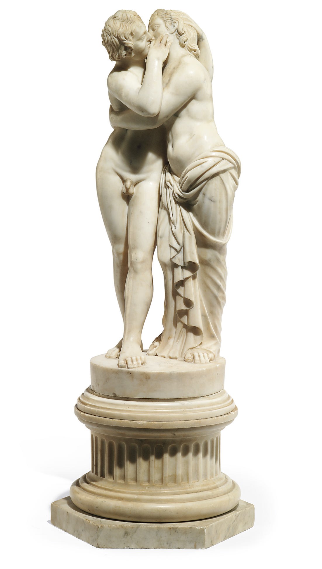 A CARVED MARBLE GROUP OF CUPID AND PSYCHE