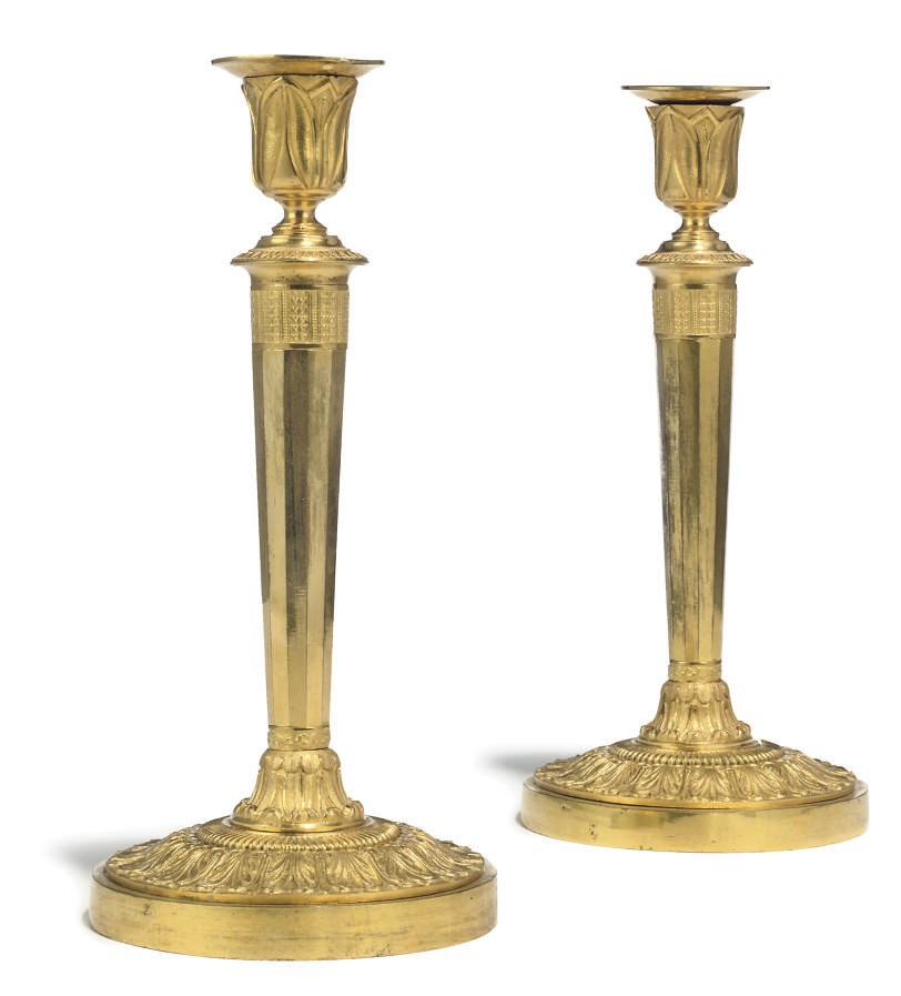 A PAIR OF RUSSIAN ORMOLU CANDLESTICKS