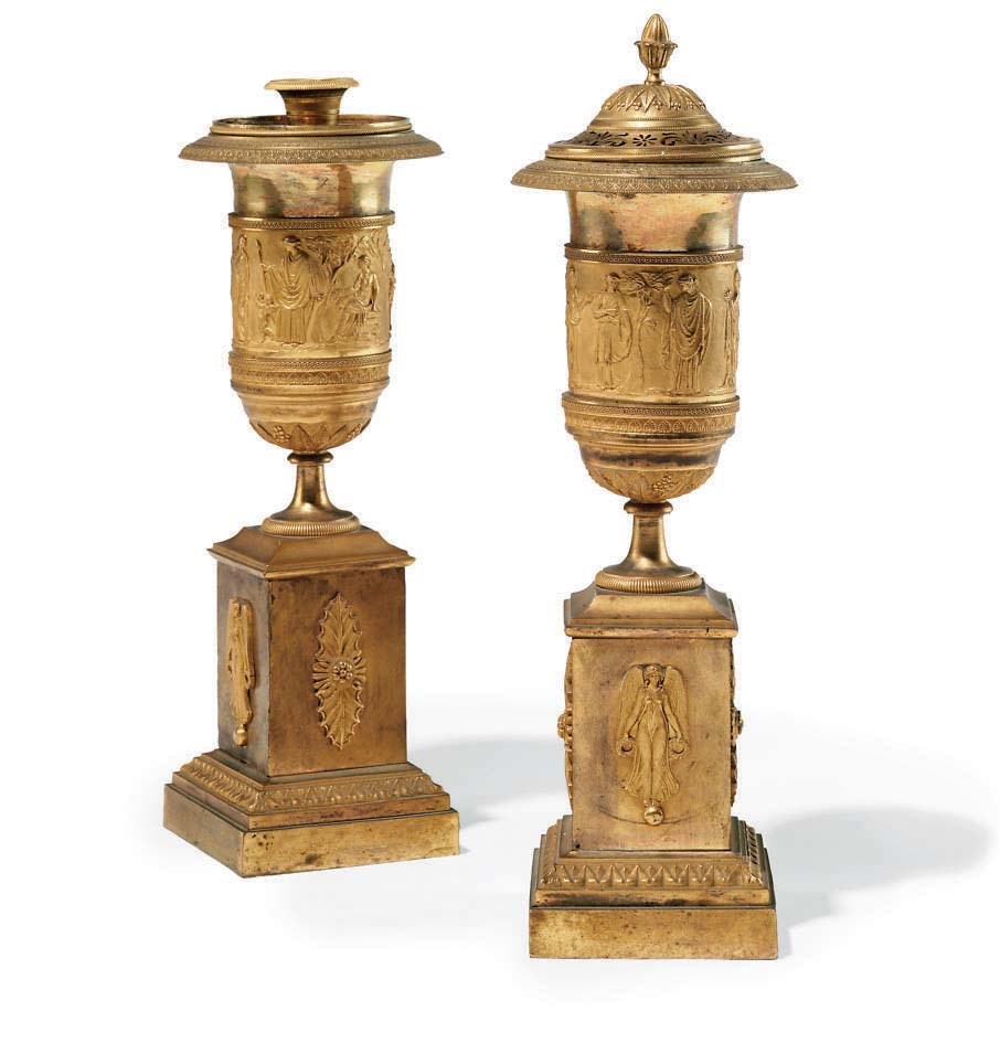 A PAIR OF EMPIRE ORMOLU CASSOLETTES