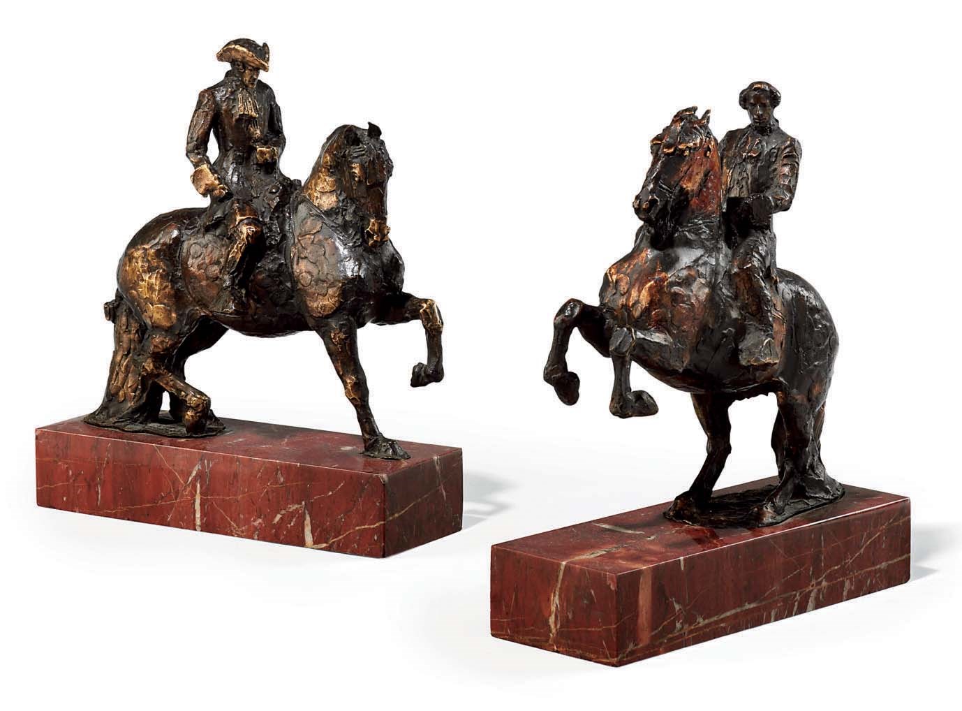 A PAIR OF BRONZE EQUESTRIAN GROUPS OF PORTUGUESE BULLFIGHTERS