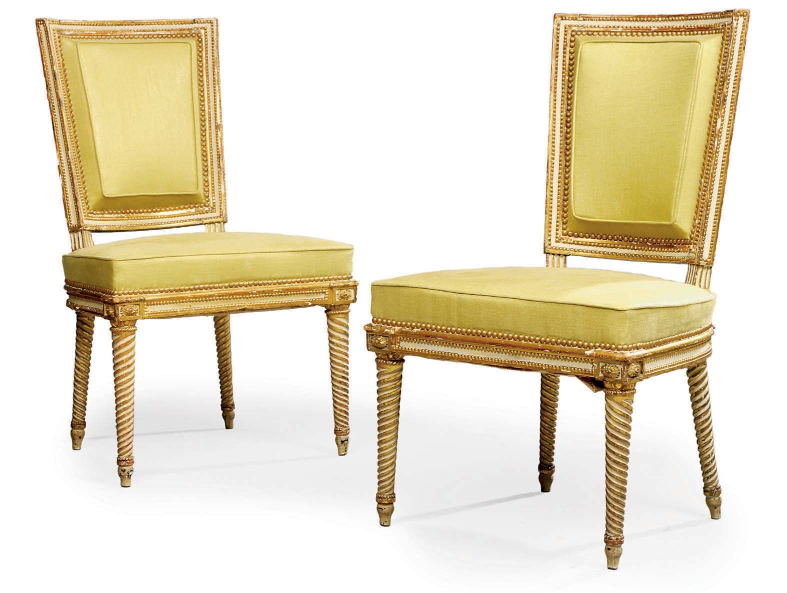 A PAIR OF LOUIS XVI PARCEL-GILT AND GRIS TRIANON-PAINTED CHAISES