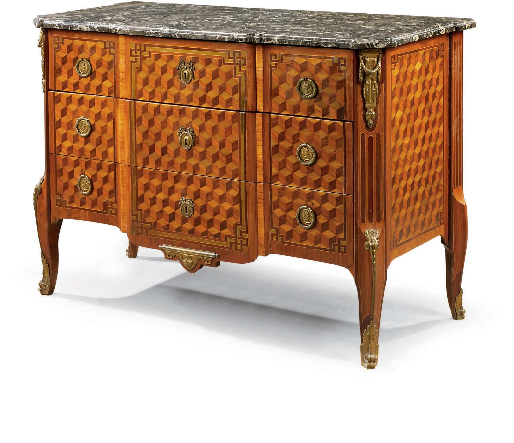 A LATE LOUIS XV KINGWOOD, TULIPWOOD, AMARANTH AND PARQUETRY COMMODE