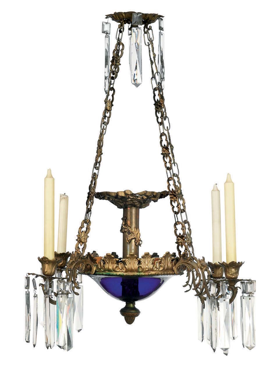 A NORTH EUROPEAN GILT-METAL, CLEAR AND BLUE GLASS FOUR-LIGHT CHANDELIER