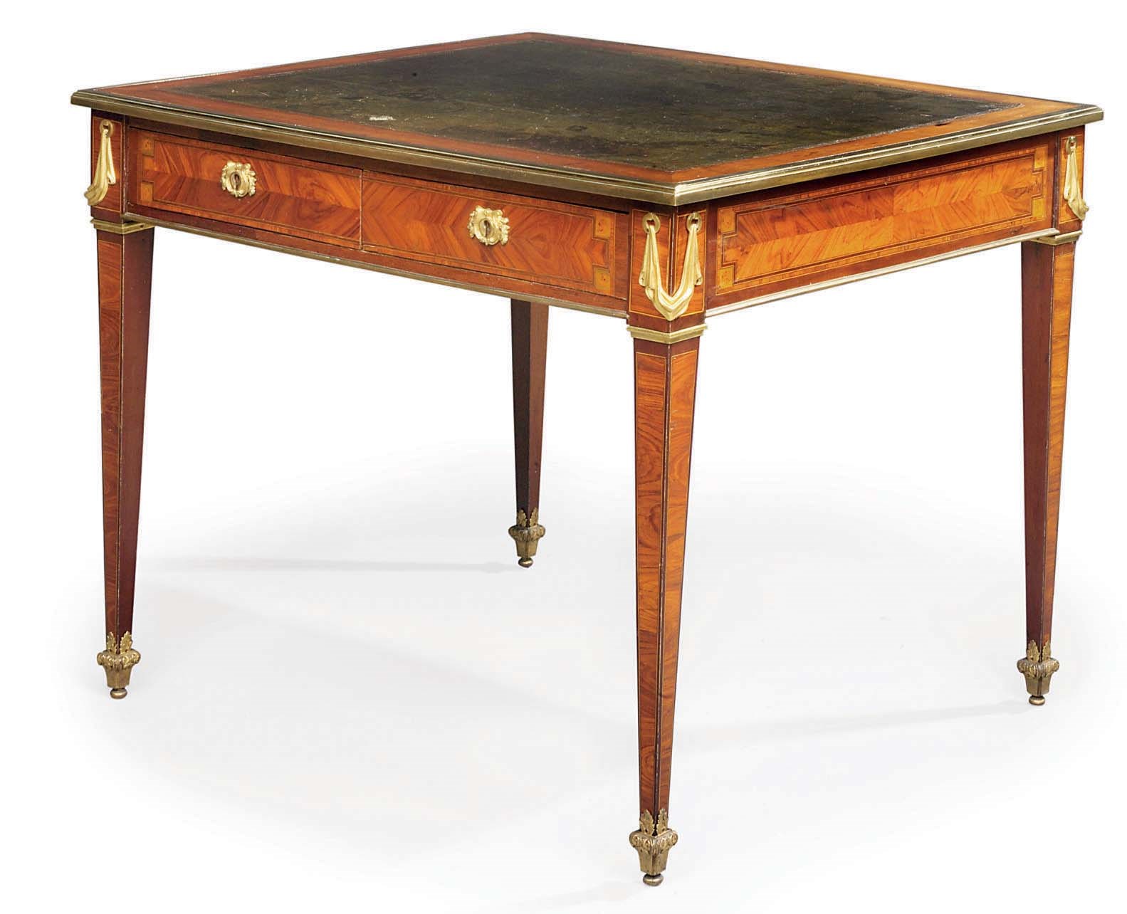 A LOUIS XVI ORMOLU-MOUNTED TULIPWOOD ACAJOU MOUCHETE AND AMARANTH BUREAU PLAT