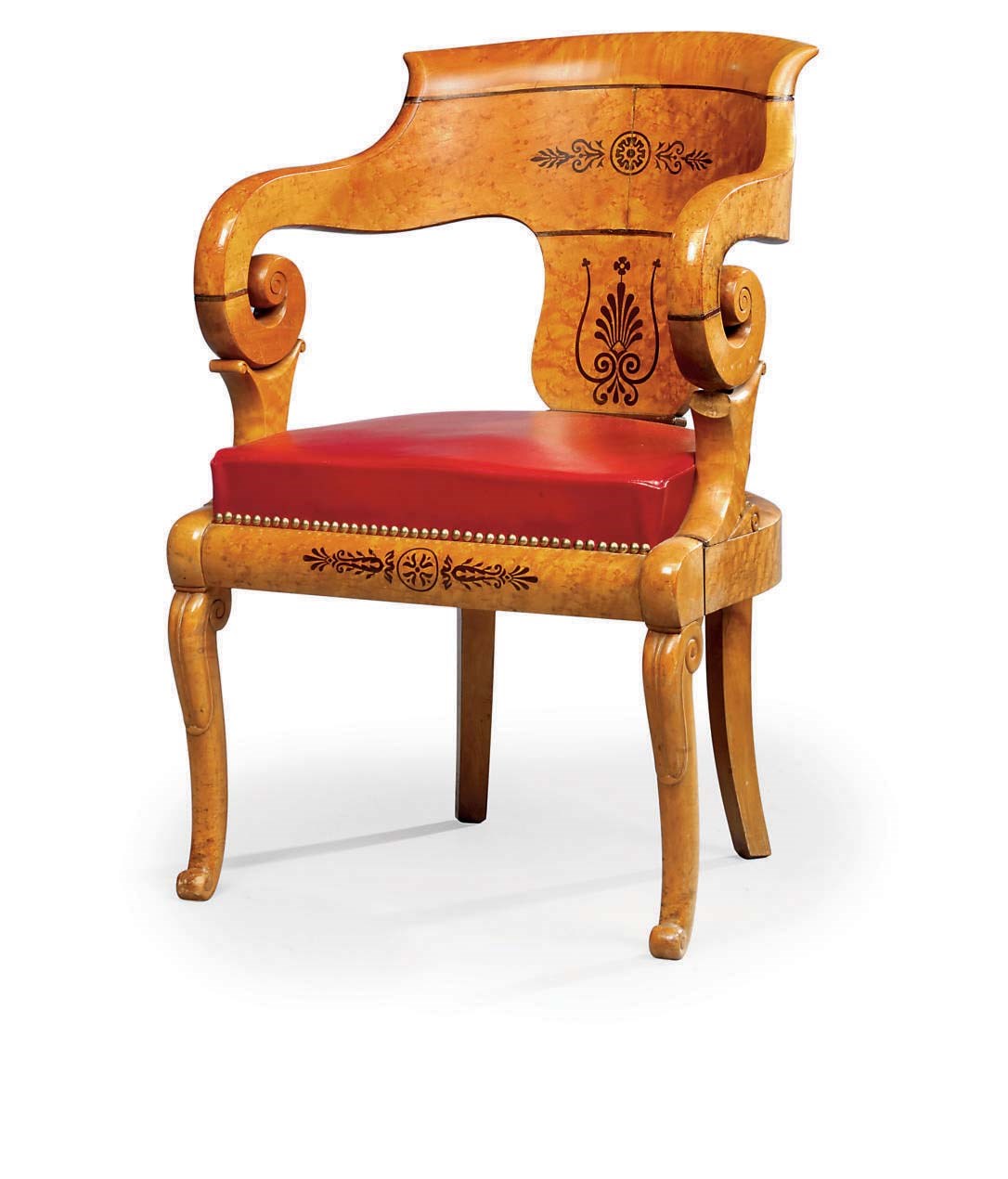 A CHARLES X BIRD'S-EYE MAPLE AND AMARANTH 'BOIS CLAIR' FAUTEUIL DE BUREAU