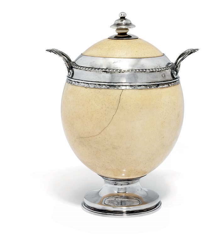 A GEORGE III SILVER-MOUNTED OSTRICH EGG CUP WITH AN ASSOCIATED COVER