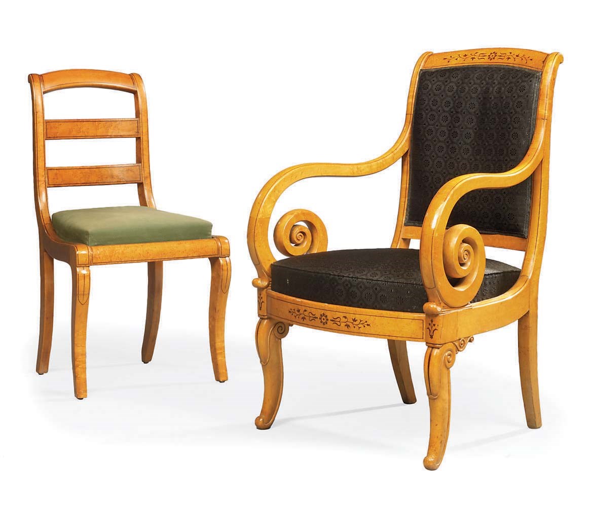 A CHARLES X BIRD'S-EYE MAPLE AND MARQUETRY FAUTEUIL DE BUREAU
